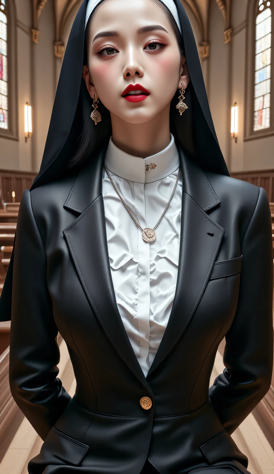  of a 25 year old woman,  sit on a front-facing seat, In the church ,  wearing a nun's uniform top, two hands behind the body ,  thick dark red lips ,  very detailed image quality .