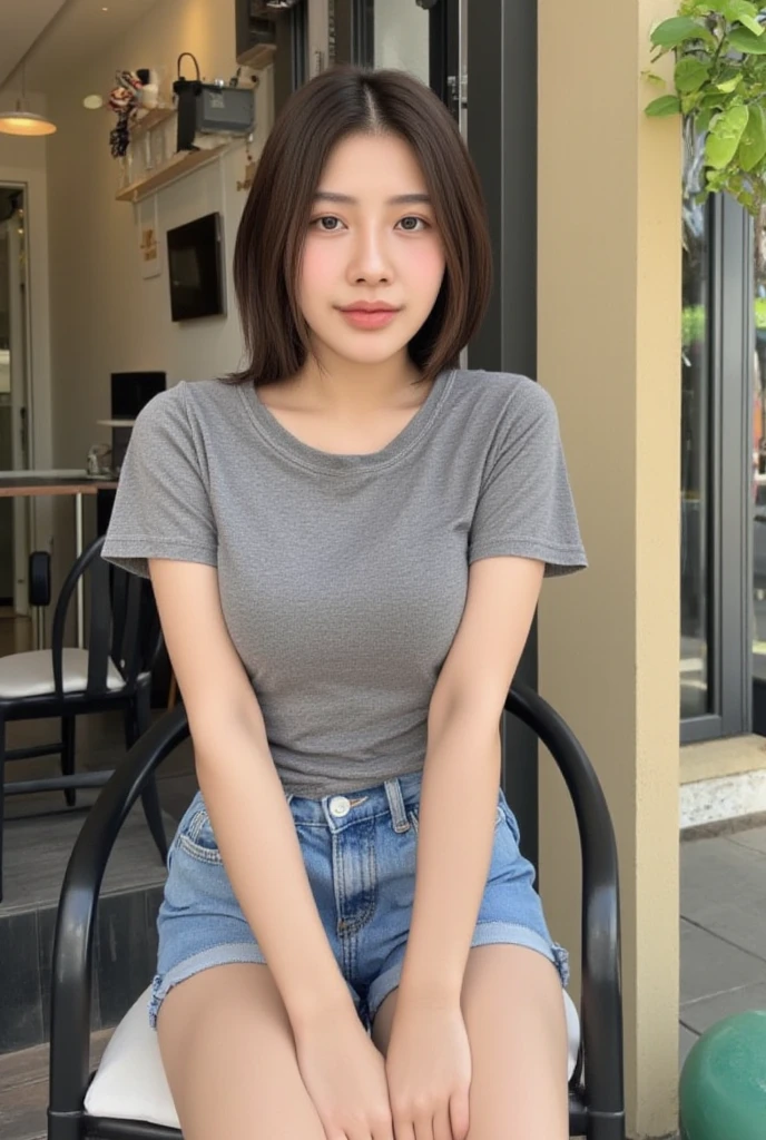 ((  best quality)),((8k)),  Portrait , Photograph of a Thai woman wearing short jeans with a fitted grey T-shirt,  sitting on an outdoor chair , Front door ,cafe,  little tree  , leg ,  whole body  