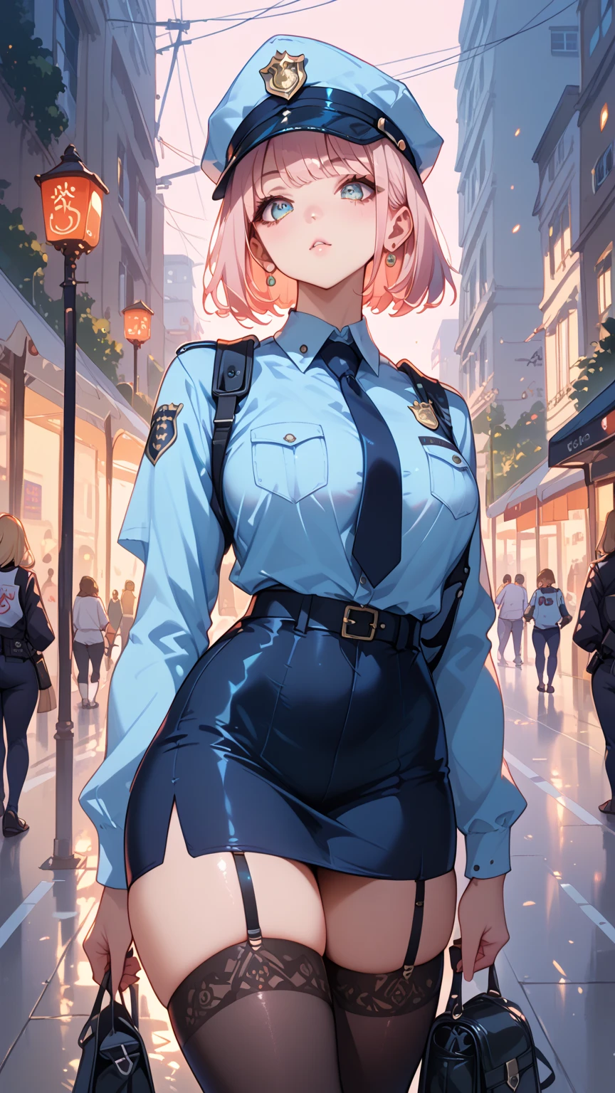 Under the street lights of the city at night、 Sexy anime girls with big breasts , Wear police officer clothes,  Perform sensual backbends ,  Show off flexibility and curves .  Simple light pink background , Emphasize the graceful lines of the body .