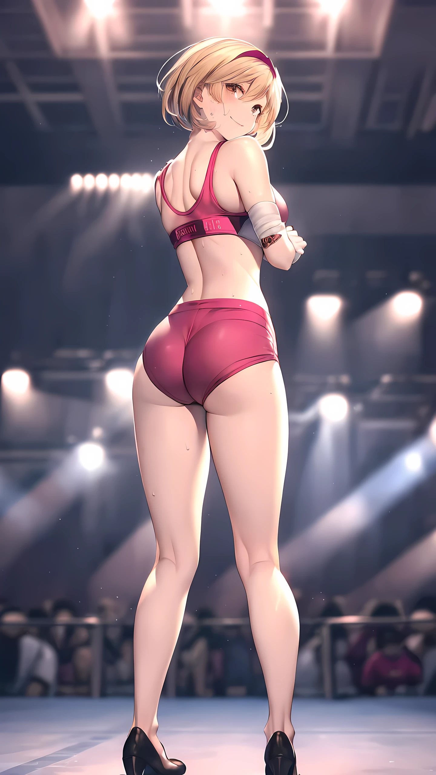 djeeta_(granblue_fantasy), brown eyes, Detailed eyes, (wearing sports bra:1.5, wearing short spats:1.5, bare thigh, toned hip), Perfect body, (Independent), smile, Toned stomach, Ultra HD, Detailed eyes, Detailed face, (from behind below:1.5, full body shot, looking back:1.5), sweaty, slim long legs, twisting the waist, depth of field, Crowd Circle View, professional wrestling ring, spectator seats,