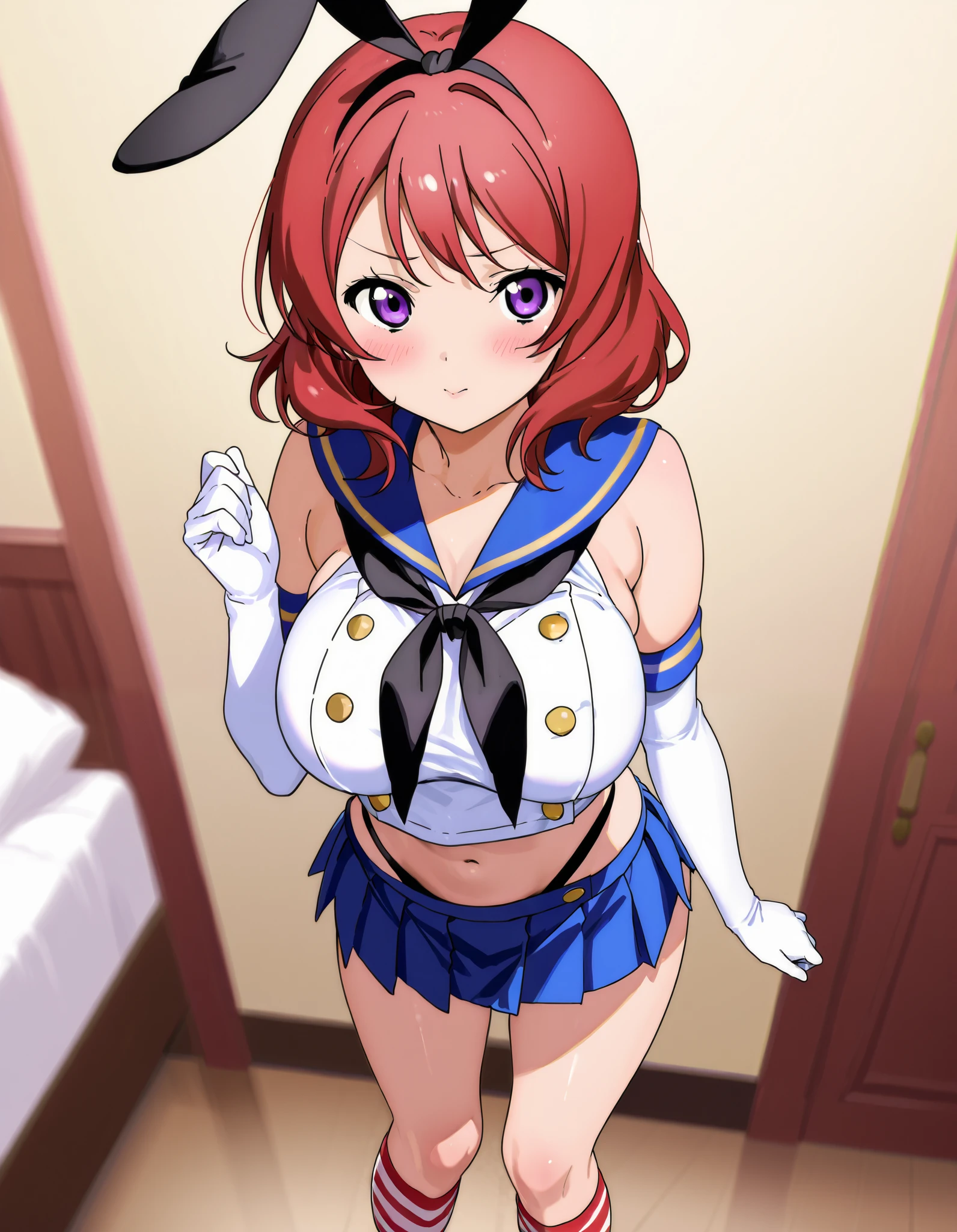  top quality,Shimakaze Cosplay、 black neckerchief、Blue mini skirt、red and white striped knee socks、Black panties、 blue sailor color、white elbow gloves、black rabbit ears 、Maki Nishikino、 redhead、 short hair 、 purple eyes、Big Breasts、 happy、White bedroom、blush、 is standing