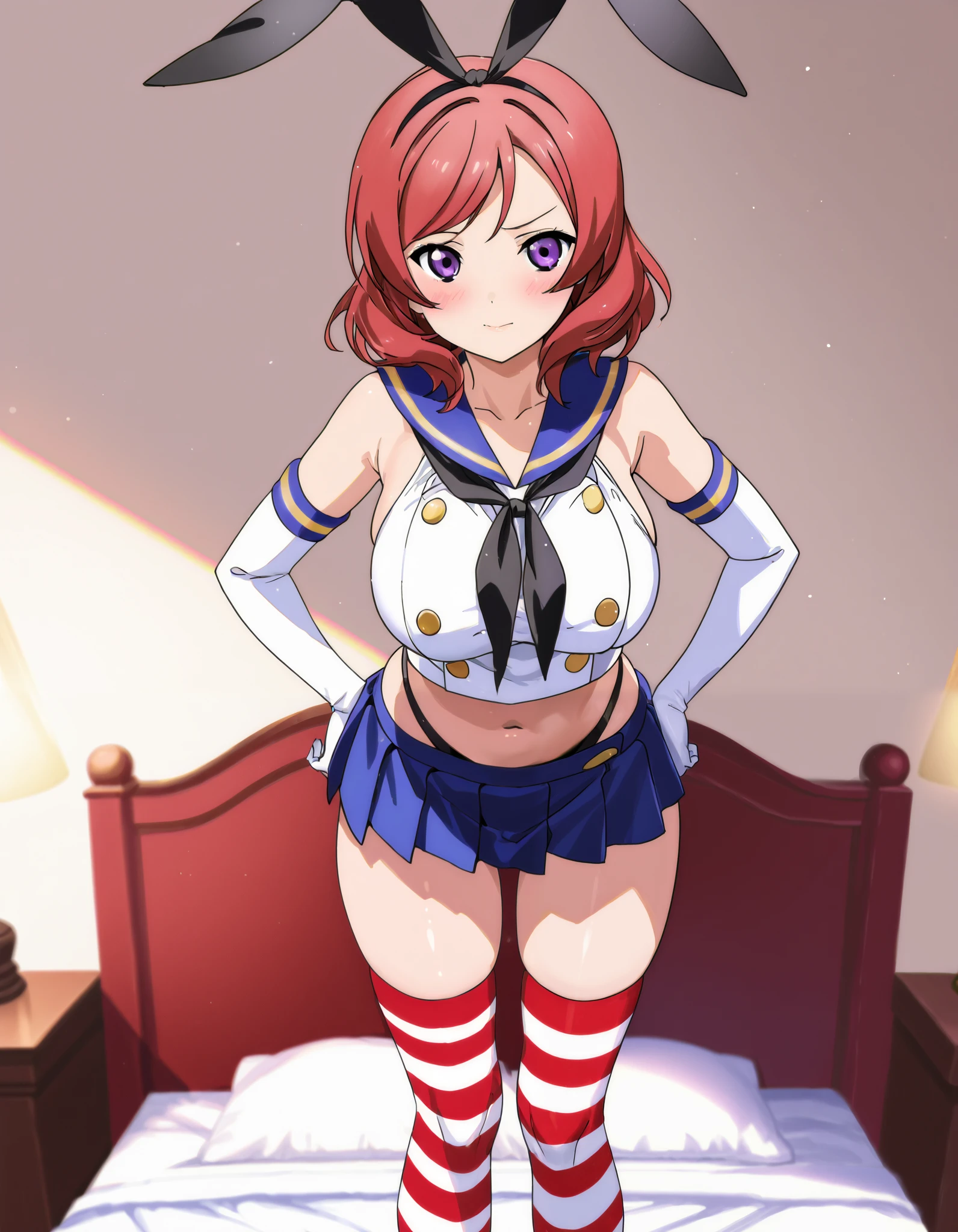  top quality,Shimakaze Cosplay、 black neckerchief、Blue mini skirt、red and white striped knee socks、Black panties、 blue sailor color、white elbow gloves、black rabbit ears 、Maki Nishikino、 redhead、 short hair 、 purple eyes、Big Breasts、 happy、White bedroom、blush、 is standing