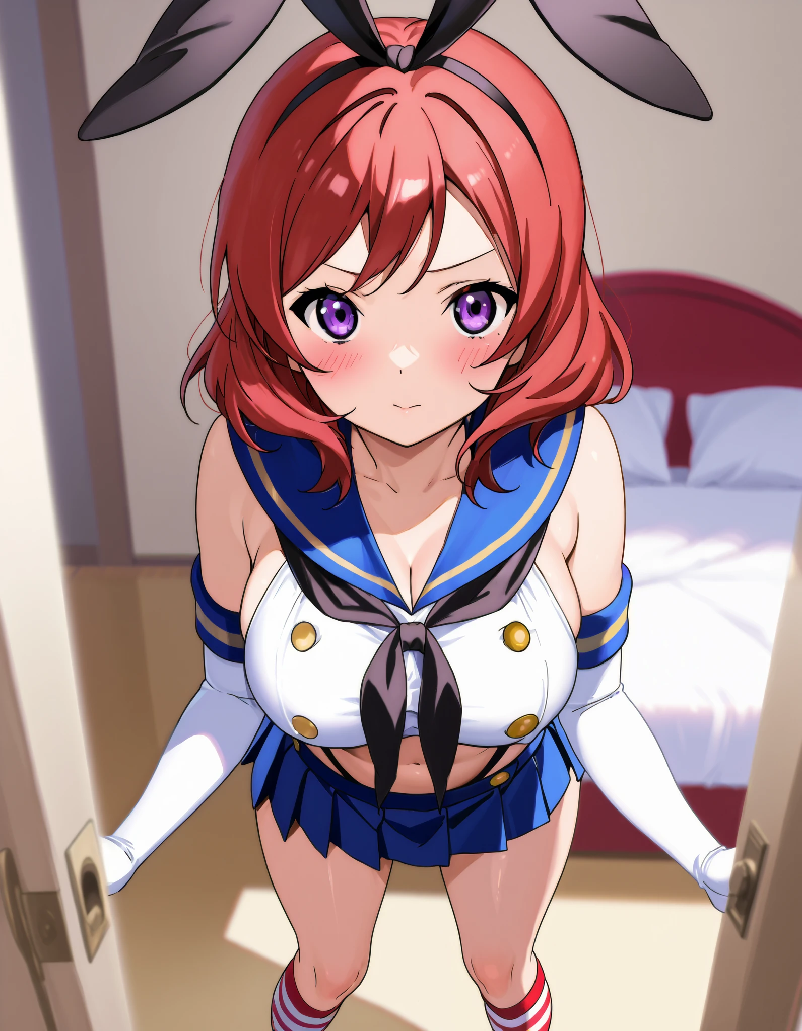  top quality,Shimakaze Cosplay、 black neckerchief、Blue mini skirt、red and white striped knee socks、Black panties、 blue sailor color、white elbow gloves、black rabbit ears 、Maki Nishikino、 redhead、 short hair 、 purple eyes、Big Breasts、 happy、White bedroom、blush、 is standing