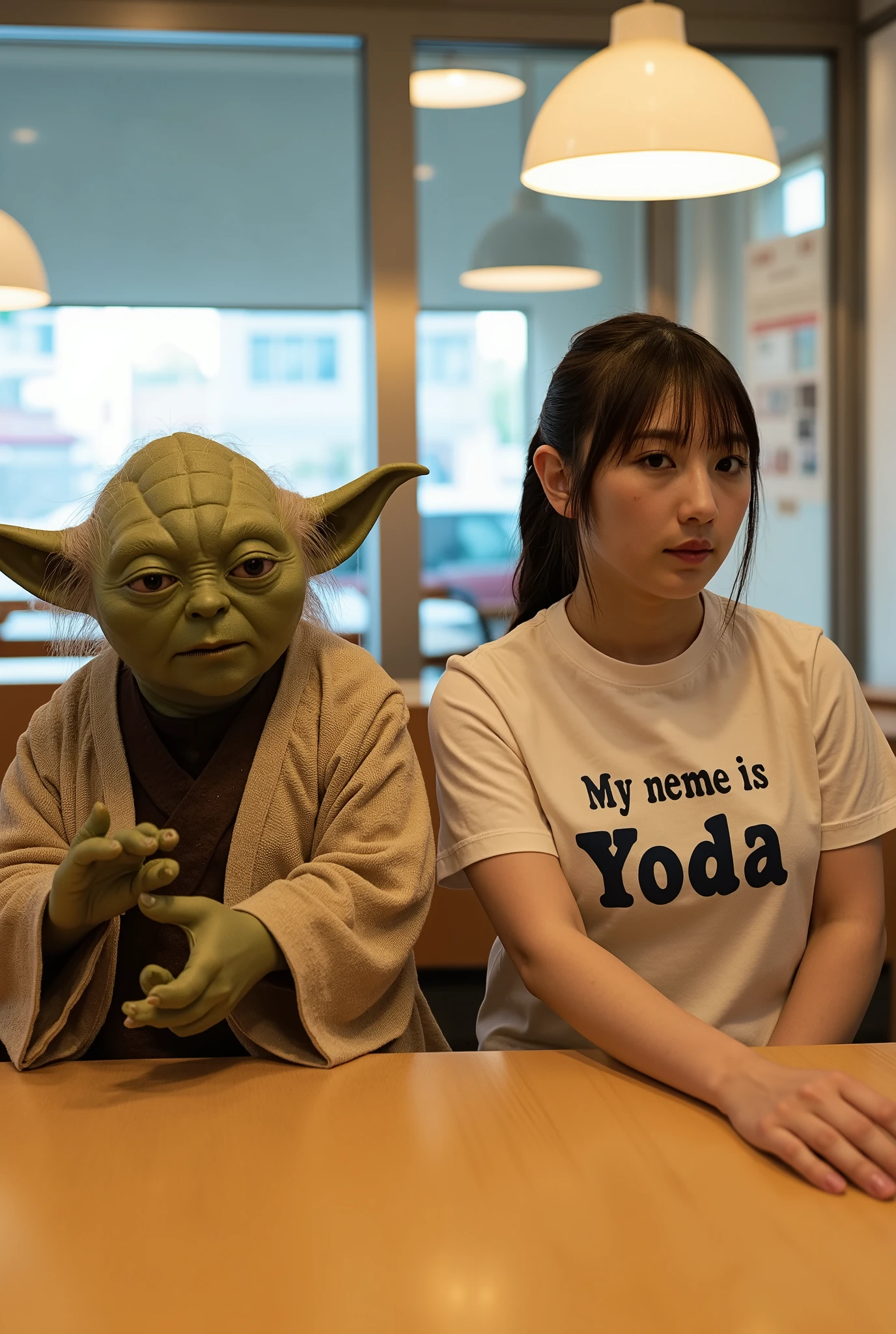 It realistically depicts Jedi-Master Yoda from “Star Wars saga". 
he is sitting inside a McDonald's restaurant.
he is wearing a Jedi's robe that perfectly matches his small build. 
it is a McDonald hamburger in his hand. 
His relaxed pose as he takes a bite of the hamburger and the soft, dreamy lighting accentuate his delicate expression. 
The overall atmosphere is cinematic and immersive.
His existence, the burgers, the hyper-detailed textures inside the McDonald's restaurant wait to start the story.