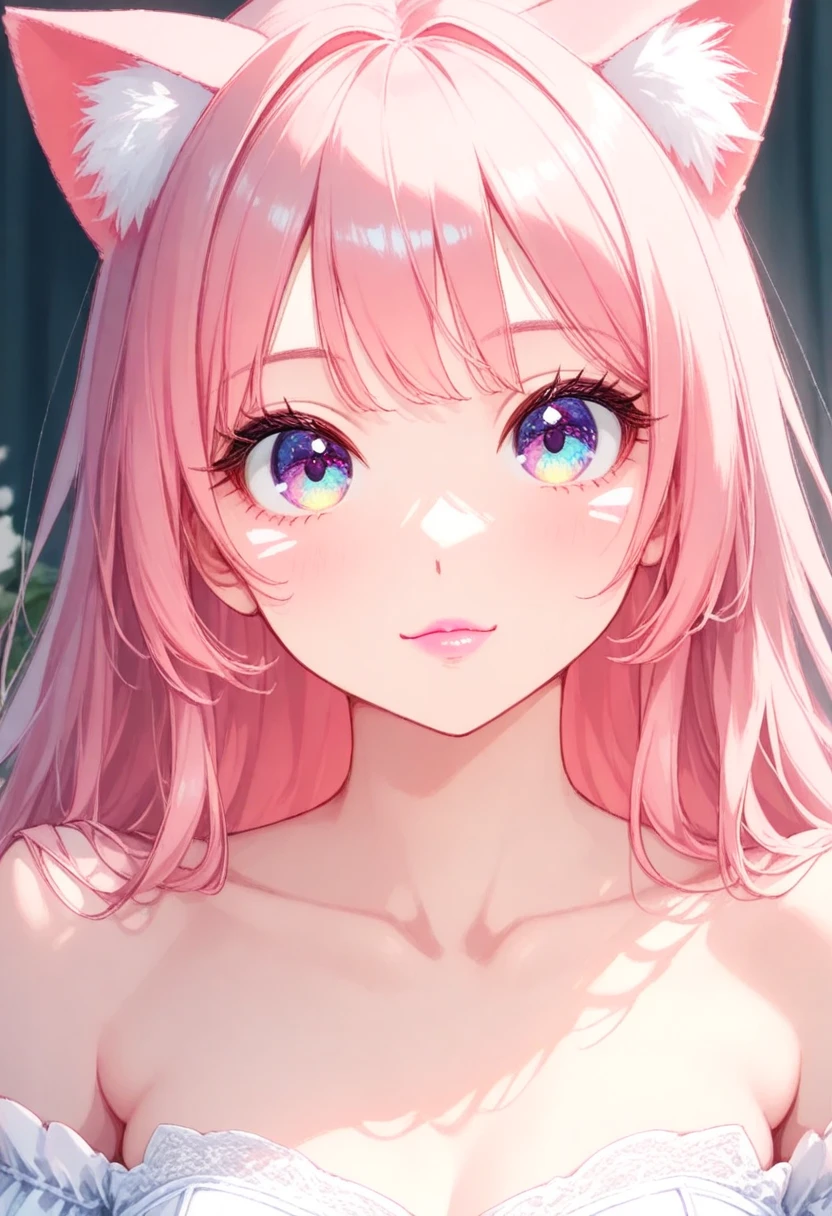 Lovely and gentle beauty ,  delicate sexy collarbone ,   charming goose egg face ,  double eyelid ,  smart peach flower eyes,  pink lips, Small upturned nose, Bare shoulders,  focused face ,  face close-up, ,  more details,  full body photo, Ultra-thin and transparent,  pink hair、Optimal ratio、 4 fingers and 1 thumb on the book arm , cat ears