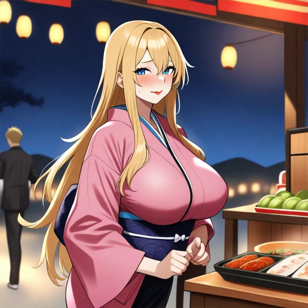 best quality, amazing quality, very aesthetic, 
1girl, long hair, blonde hair, blue eyes, red lipstick, large breasts, kimono, pink kimono, minimarket, night, japanese, inside minimarket, 