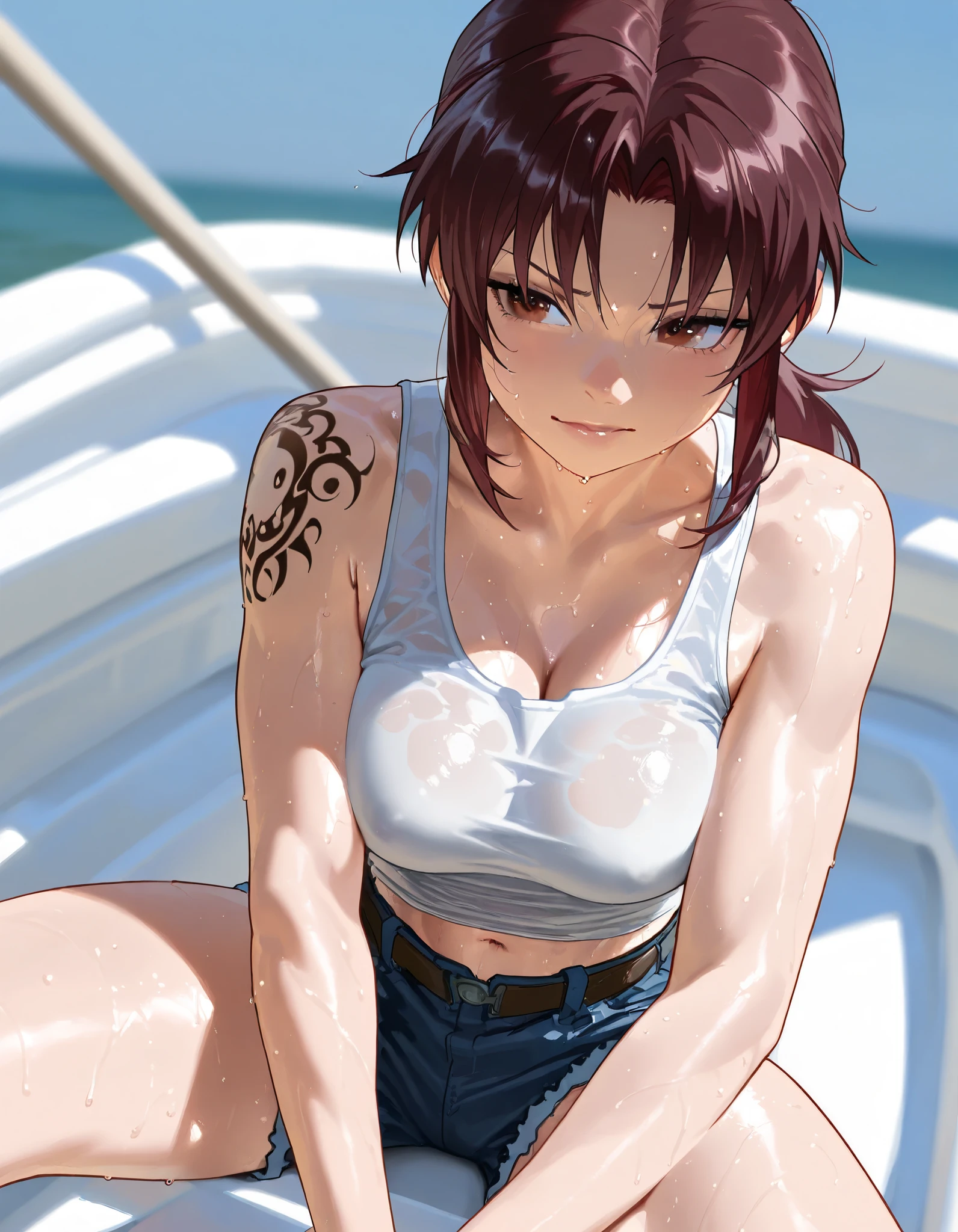 Artist : , Nyalia、tank top,tomboy、nice realistic Breasts、nsfw, On a boat, l,, Revy 、 Revy blak lagoon,  1girl, 、sassy , young Woman、,  、  sweaty, godlike rendering, soft shading, soft skin , right shoulder tattoo 