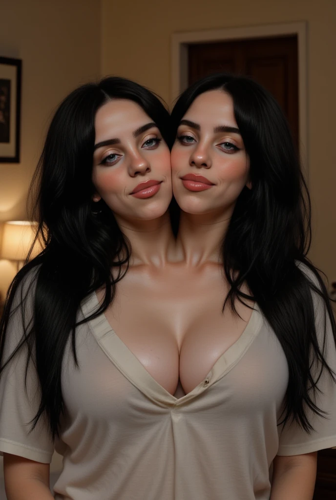 Create an image of a super sexy 42-year-old mother dressed in a white shirt that shows some of her breasts, short black hair, medium breasts , European but Argentinian traits, with his thin 24-year-old daughter, in sexy provocative pose, She has blue hair and tattoos on her neck., dressed in a black and pink dress.