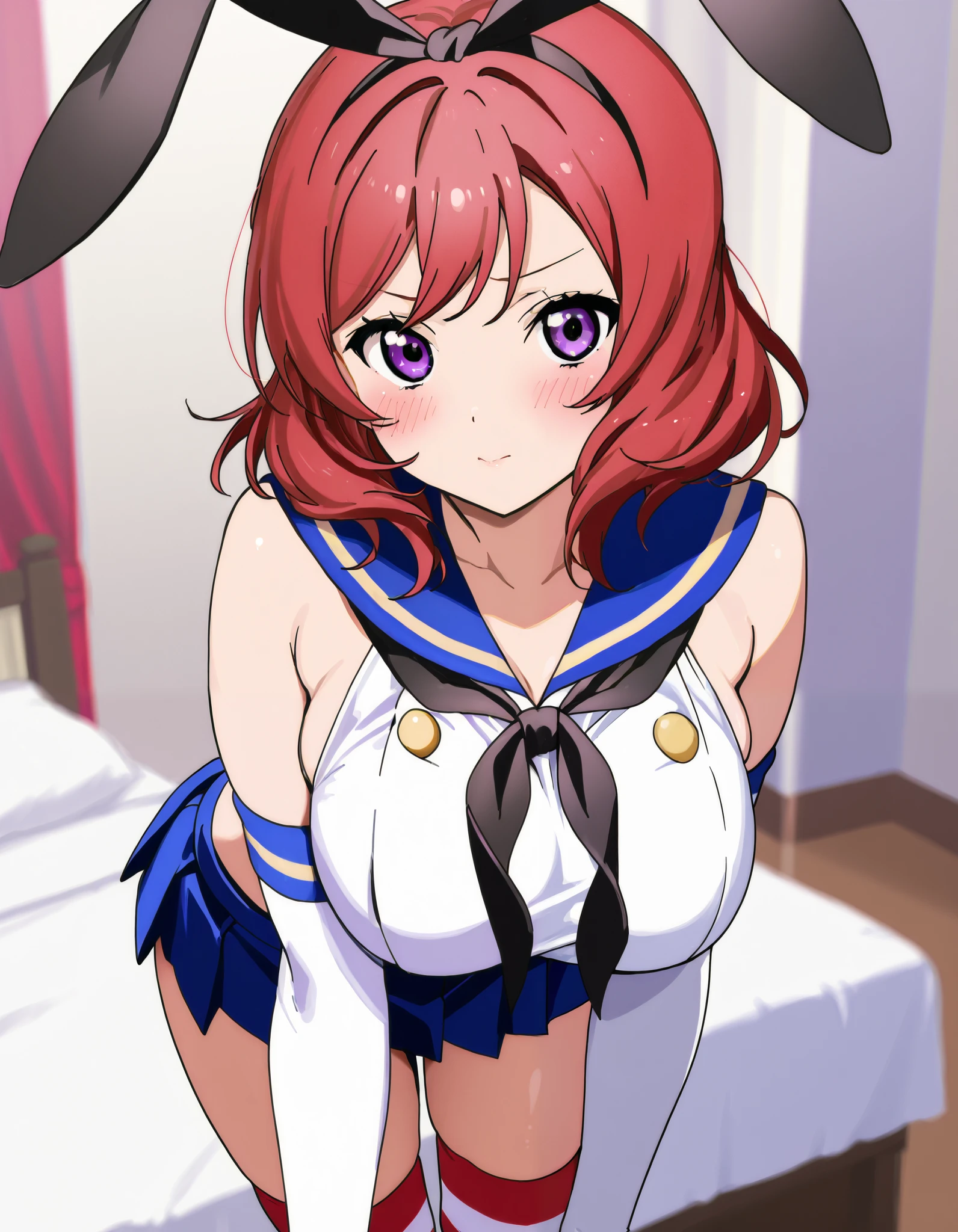  top quality,Shimakaze Cosplay、 black neckerchief、Blue mini skirt、red and white striped knee socks、Black panties、 blue sailor color、white elbow gloves、black rabbit ears 、Maki Nishikino、 redhead、 short hair 、 purple eyes、Big Breasts、 happy、White bedroom、blush、 is standing