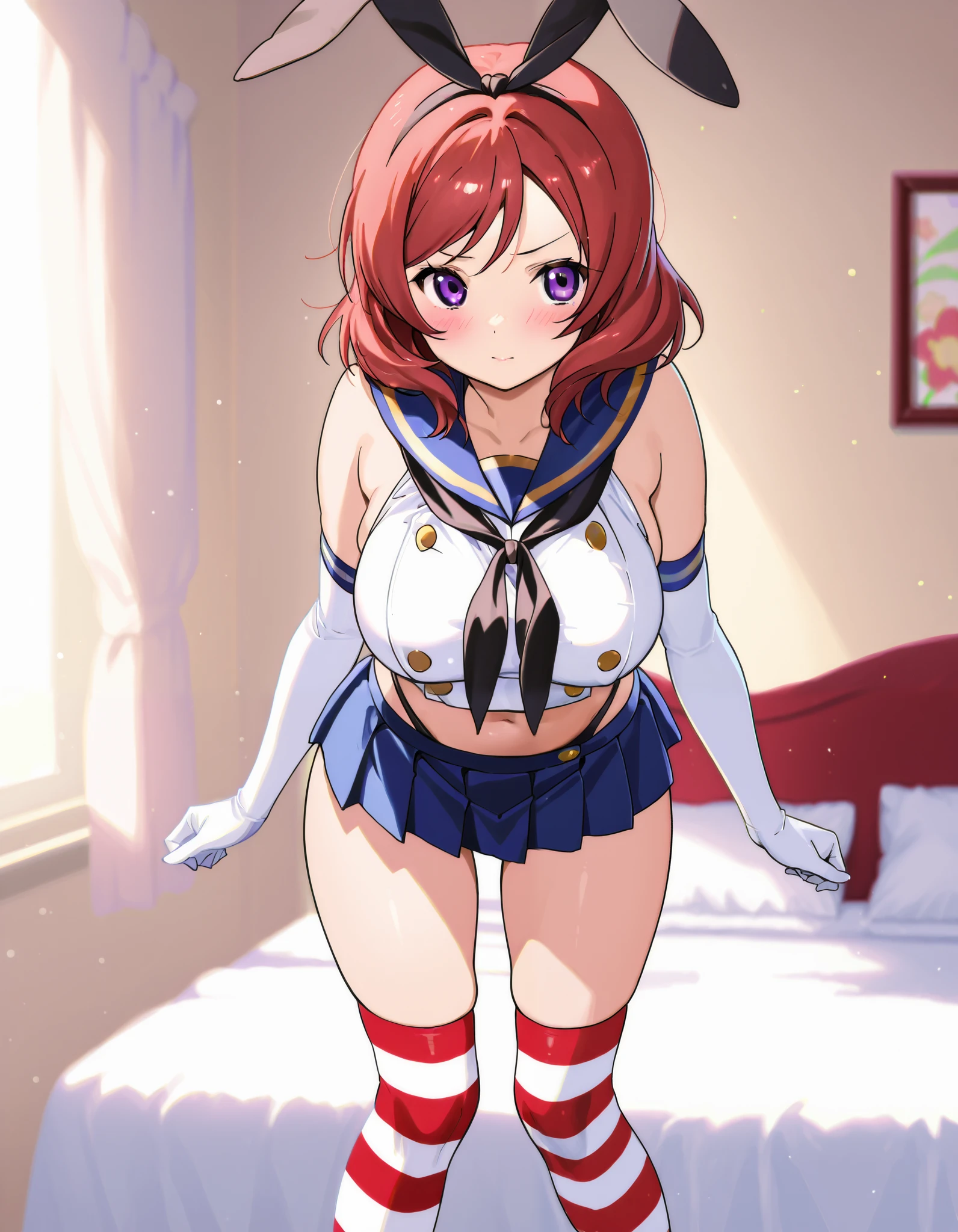  top quality,Shimakaze Cosplay、 black neckerchief、Blue mini skirt、red and white striped knee socks、Black panties、 blue sailor color、white elbow gloves、black rabbit ears 、Maki Nishikino、 redhead、 short hair 、 purple eyes、Big Breasts、 happy、White bedroom、blush、 is standing