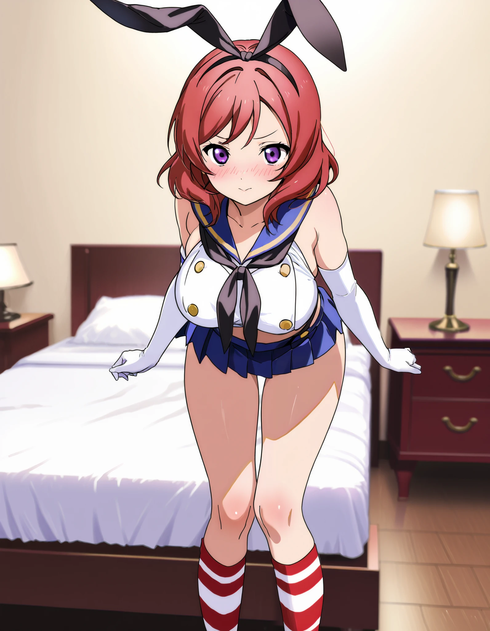  top quality,Shimakaze Cosplay、 black neckerchief、Blue mini skirt、red and white striped knee socks、Black panties、 blue sailor color、white elbow gloves、black rabbit ears 、Maki Nishikino、 redhead、 short hair 、 purple eyes、Big Breasts、 happy、White bedroom、blush、 is standing