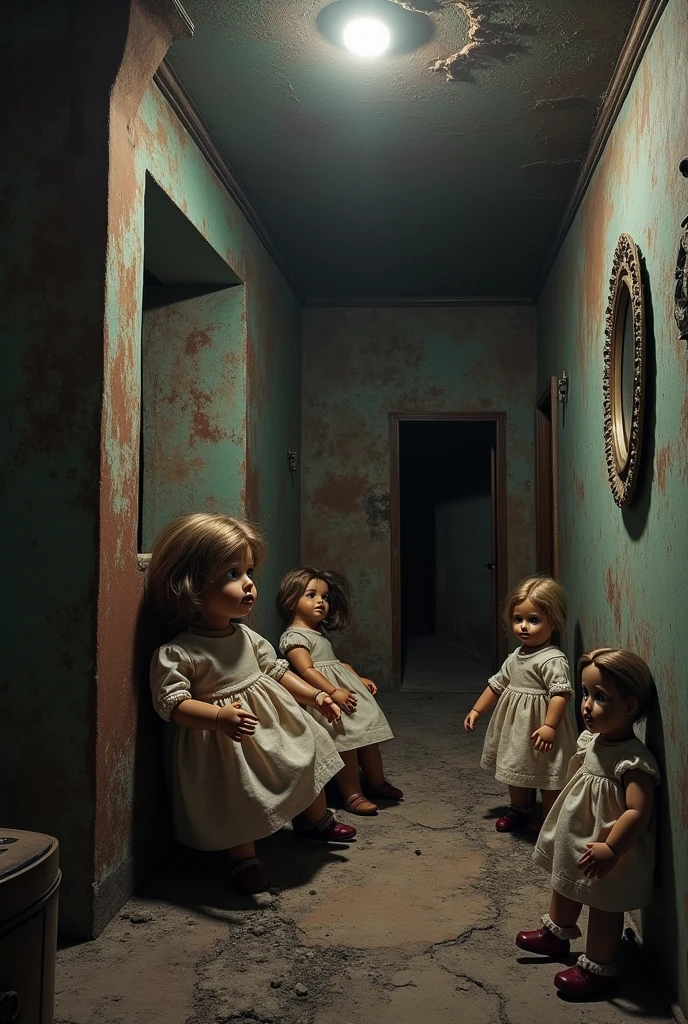 Abandoned hospital, room with several haunted dolls waiting smiling for you 