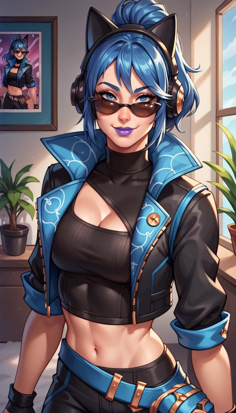 There's a woman with a tattoo on her neck and glasses, tiro do lado, lindo alfaiate de jade feminino, Foto de perfil, tiro lateral, iluminado de lado, linda mulher mexicana, em um estacionamento, bonita com cabelo azul, sentada no carro dela, Violeta Myers, looking hot, 2 modelo feminino de 4 anos, azul matizado, garota sexy