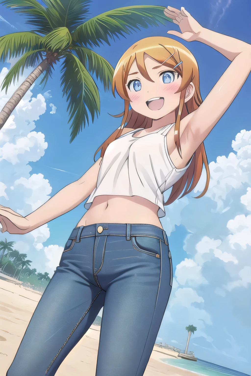 masterpiece,best quality,ultra detail, ((Perfect Face, Perfect Arms, Perfect hands, Perfect Fingers)), 1girl, 14yo, petite, ((round face, ecstasy, orgasm face, drooping eyes, shame smiling, blush)), dropping eyes, sleepy, background((under the beach, (day:1.2), palm tree, bright sky)), Kousaka Kirino, long hair, blue eyes, hair ornament, hairclip, orange hair, aqua eyes, arms behind head, contrapposto, spread armpits, ((invisible hands, invisible fingers)), looking at viewer,, (white tank top:1.2), (white crop top:1.2), (jeans pants:1.2, flares jeans:1.2, skinny jeans:1.2, blue jeans:1.2), standing, (legs spread:1.2), sex pose, Sweaty crotch, Steam from the crotch, from below, full medium body