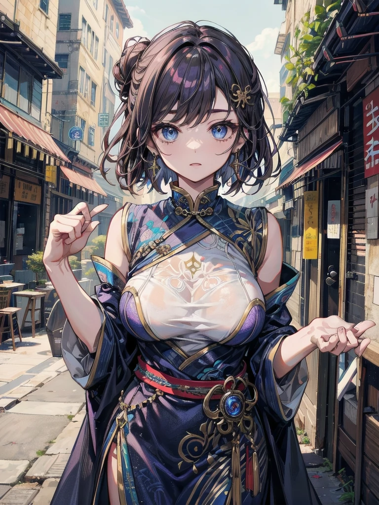 8k_wallpaper, extremely detailed eyes, extremely detailed body, (large masterpiece digital art), (detailed manga illustration), (detailed line art), ((perfect anatomy)), (intricate details:1.3), (ultra-detailed:1.3), (illustration:1.3), (sharp focus:1.3), (natural lighting:1.05), (vivid colors:1.3), (masterpiece), best quality, expressive eyes, perfect face, 1 girl, breasts, cleavage, gloves, large breasts, sarashi, traditional clothes, cerulean clothes, black hair, short hair, messy hair, dark brown eyes, hourglass physique, loose-fitting pants, dynamic pose, large ass, pale skin, shrine maiden, tomboy, combat boots