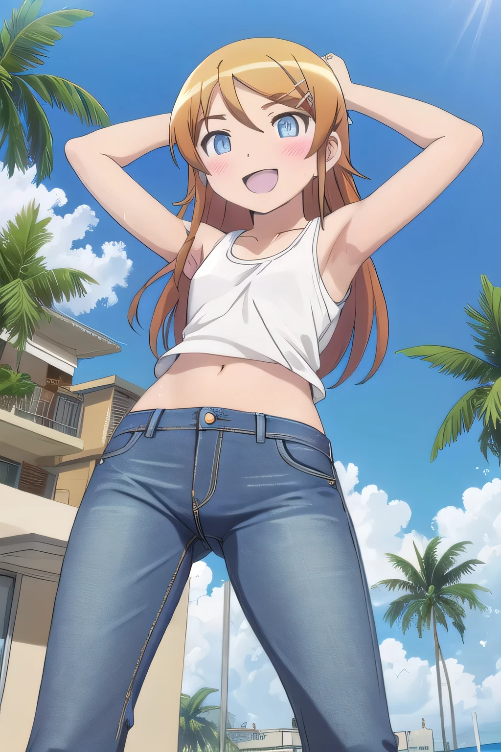 masterpiece,best quality,ultra detail, ((Perfect Face, Perfect Arms, Perfect hands, Perfect Fingers)), 1girl, 14yo, petite, ((round face, ecstasy, orgasm face, drooping eyes, shame smiling, blush)), dropping eyes, sleepy, background((under the beach, (day:1.2), palm tree, bright sky)), Kousaka Kirino, long hair, blue eyes, hair ornament, hairclip, orange hair, aqua eyes, arms behind head, contrapposto, spread armpits, ((invisible hands, invisible fingers)), looking at viewer,, (white tank top:1.2), (white crop top:1.2), (jeans pants:1.2, flares jeans:1.2, skinny jeans:1.2, blue jeans:1.2), standing, (legs spread:1.2), sex pose, Sweaty crotch, Steam from the crotch, from below, full medium body