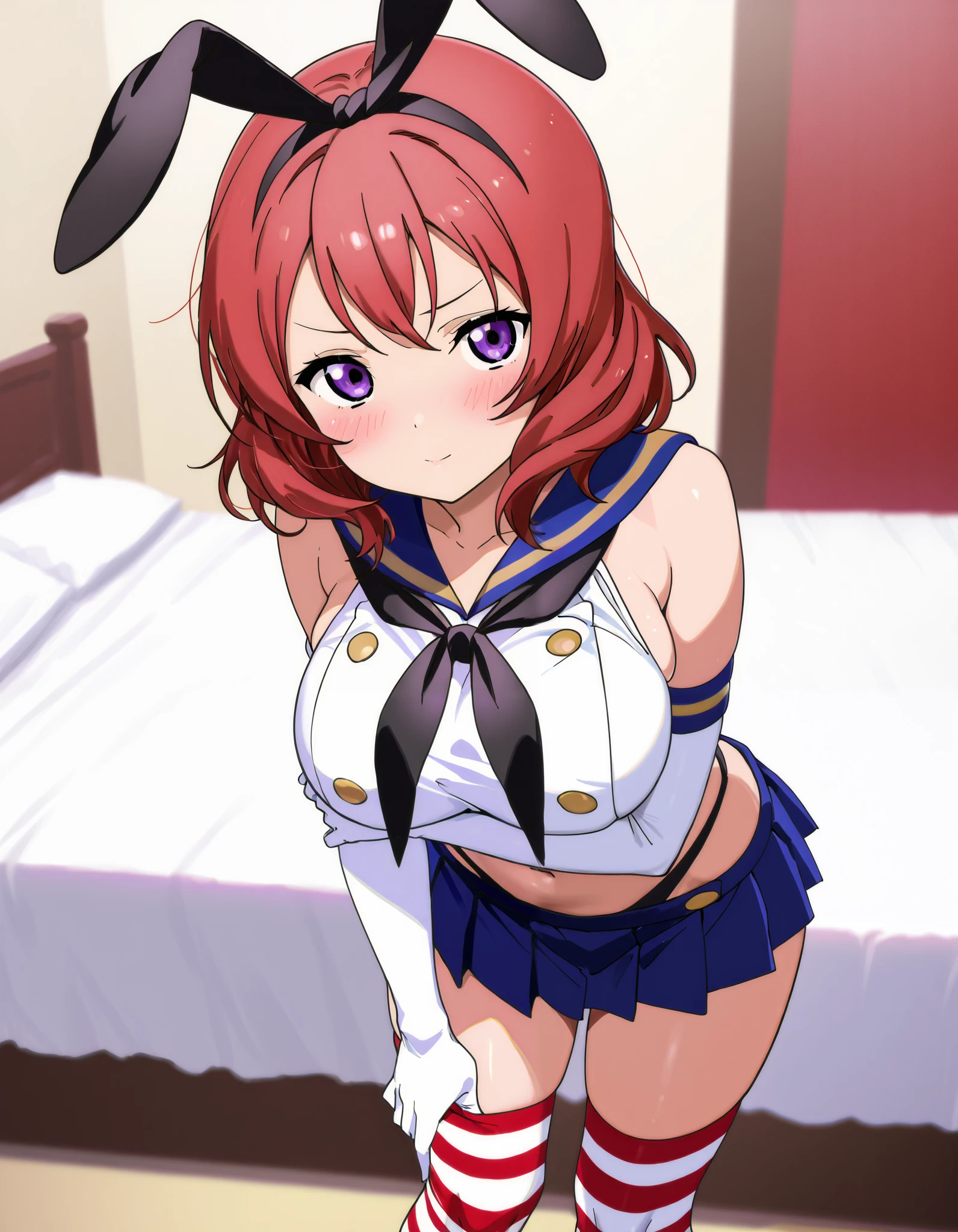  top quality,Shimakaze Cosplay、 black neckerchief、Blue mini skirt、red and white striped knee socks、Black panties、 blue sailor color、white elbow gloves、black rabbit ears 、Maki Nishikino、 redhead、 short hair 、 purple eyes、Big Breasts、 happy、White bedroom、blush、 is standing