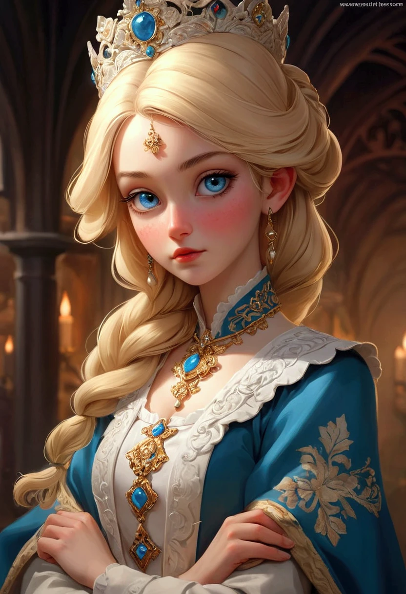 un hermoso retrato De emperatriz,  blond hair ,  perfect blue eyes , with a brilliant, imposible golpeanDo gran tocaDo De NaviDaD, ropa De Santa Claus, ToDo lo naviDeño, snow, symmetrical, iluminación Dramática De estuDio, rococo, Baroque, verDuras, asian, hyperrealism,  close up , D&D, fancy, intrincaDo, elegant, altamente DetallaDo, pintura Digital, Estación De arte, renDerizaDo octano, 8K,  concept art , death,  enfoque nítiDo, en el centro De un pasillo largo formaDo por pilares