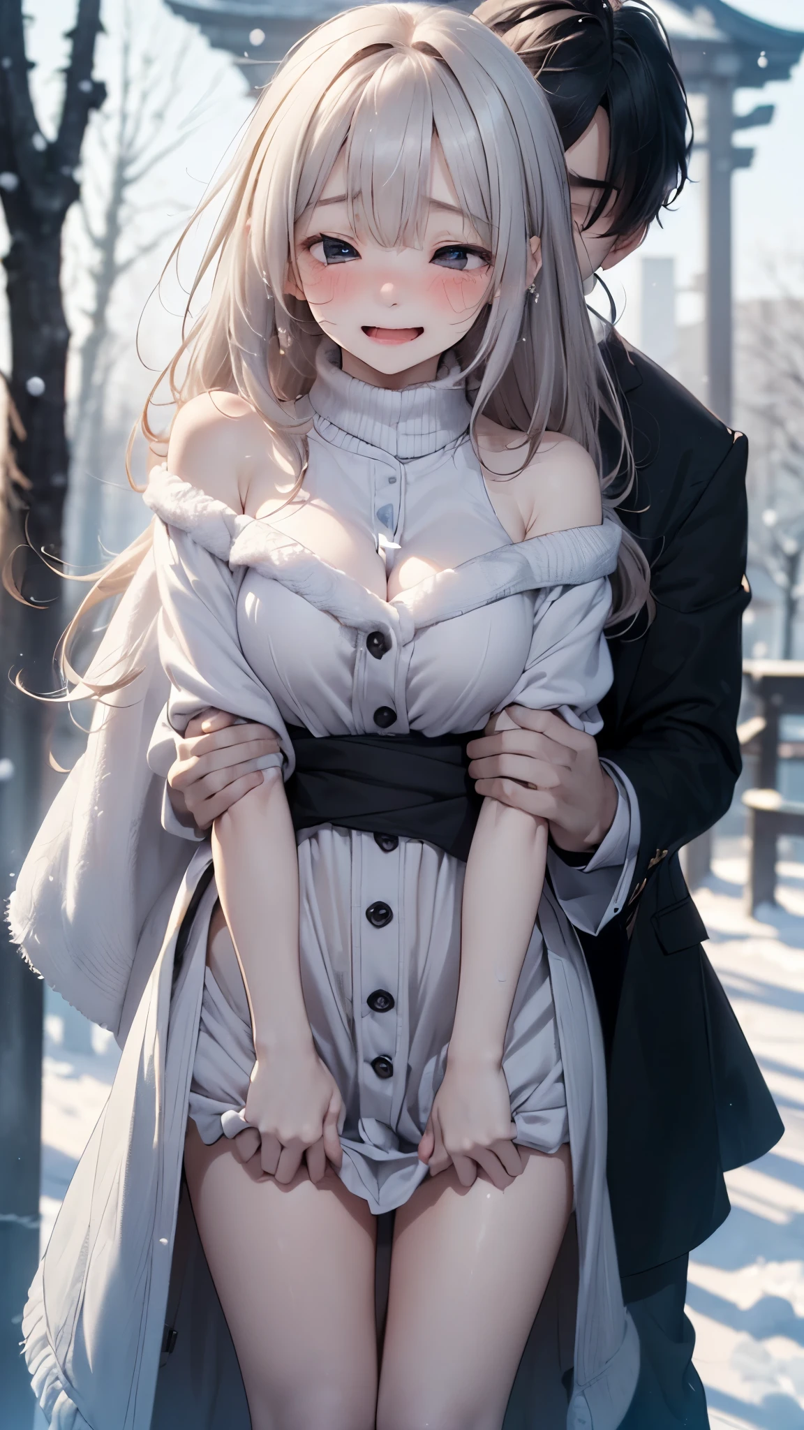 (( top quality、fine、 complete anatomy、Five fingers、Full Arms、Full Finger、 Details)),woman,((((((日本人woman、Alone, slightly brownish white hair、Hair that goes up to the shoulders 、long coat, perverted,hanged girl,floating girl,winter cloth,coat,snowy,outdoor,dress,arms up,arms behind,Open legs,joy、 Shy Expression )))