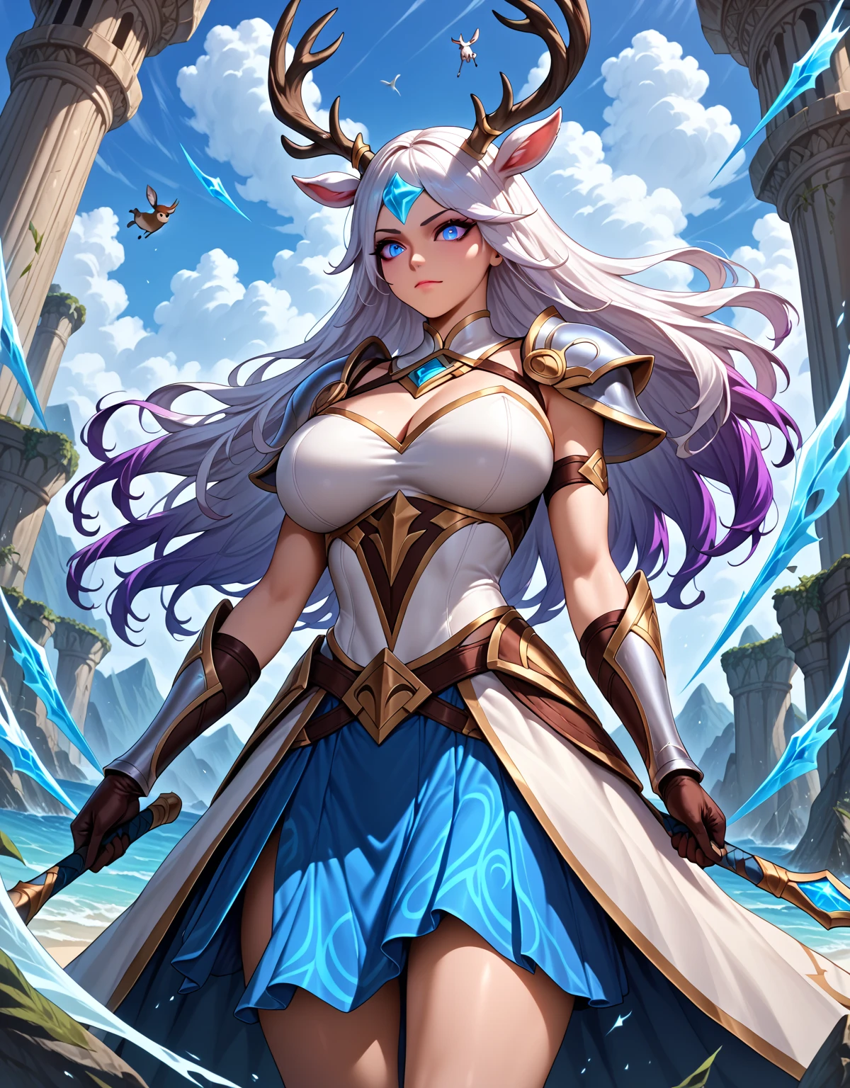 masterpiece, Lilia pretty centaur girl,  deer , horns deer, league of legends, standing solo, best quality,  perfect skin ,  gloves, big breasts, стекляння броня , long white hair, epic detailed,  perfect face, Реалистичная анатомия, Лучшее качество, Высокая детализация, fantasy, Смотрит на зрителя, Челка, 