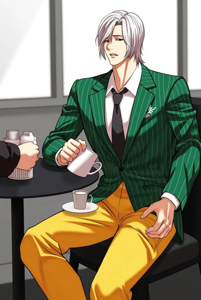 Jisung Ahn: A stylish animated character with silver hair, wearing a green stripes patterned business suit and a long loose yellow cargo pants. The background is a Café. He is stirring his coffee with a spoon while sitting, Pov perspective , His expression is very serious and is talking to the cameraman, he has white patterns on his business suit. Starbucks, manhwa panel, manhwa art, webtoon art, anime, webtoon panel, webtoon, manhwa artstyle