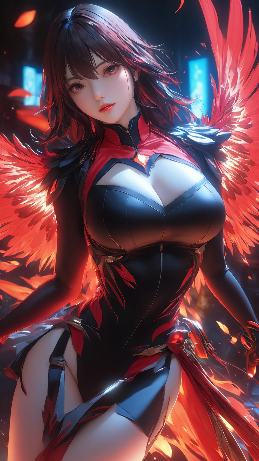 woman、red grosbeak , Bloodflame ,  ray tracing, masterpiece,  top quality,   ultra quality ,  absurd detail, best Light,  sharp,  sharp image, ultimate, Details, extremely   Details,  high definition,  16k, 超 high definition,   particle effect , Beautiful Effects,  bright color, neon Light, neon, Light, close-up、Super big breasts:1.5、Big Butt、 Long Sleeve 、 stockings 、 realistic textured face and skin、 photorealistic:1.4、