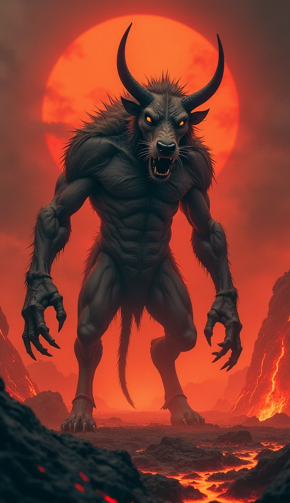 Create a hybrid creature that seamlessly combines the physical traits of a dog, a cow, and a cat into one monstrous, dangerous entity. The creature should have the muscular body and fierce stance of a dog, the horns and hooves of a cow, and the sharp claws and piercing eyes of a cat. Its overall appearance should exude power and menace, with sharp teeth, glowing eyes, and a predatory posture. The background should complement this terrifying figure, featuring a fiery, apocalyptic landscape with lava flows, scorched earth, and an eerie red sky."