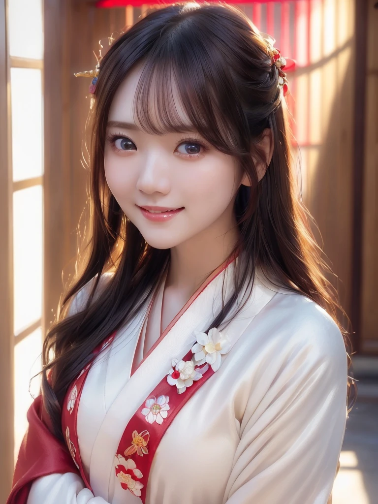 ( face close-up:1.4)、 top quality、 ultra high definition、(Photographically: 1.4)、 beautiful eyes、 very beautiful、 shiny hair 、Mature and elegant、(smile、smile:1.3)、(kawaii miko girl, wearing japanese white clothes,red hakama, in a Japanese shrine, 45 angle by krenz cushart and Mucha, golden hour lighting, strong rim light, intense shadows)