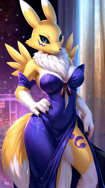 by fluff-kevlar, by ouka, by Kilinah, (((woman, breasts, antrum, extremely detailed, extremely detailed legs, extremely detailed arms, extremely detailed face, perfectly detailed eyes, perfectly detailed anatomy))): 1.2, beautiful and detailed portrait of an anthropomorphic vixen ((female))), anthro, female, fox, high definition, good anatomy, yellow fur, yellow body, simple background, highly detailed face, deep yellow iris, yellow eyes, yellow hair, long hair, kitsune, multiple tails, dark lighting, moody lighting, full body, sexy body, slanky body, sexy face, nice, hot, cute, pawpads, paws, showing feet, magical levitating, night, blushing, friendly smile, smile, friendly, elegant, dark, mysterious, alluring, beautiful, thigh highs, purple yukata, bra, underwear