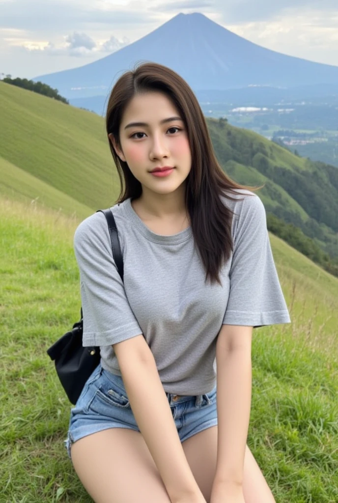 ((  best quality)),((8k)),  Portrait , Photo of a Thai woman wearing short jeans with a fitted gray T-shirt, Sitting kneeling up ,On the grass foothills , Japanese spring atmosphere,, the rear view is a mountain, looking at the audience 