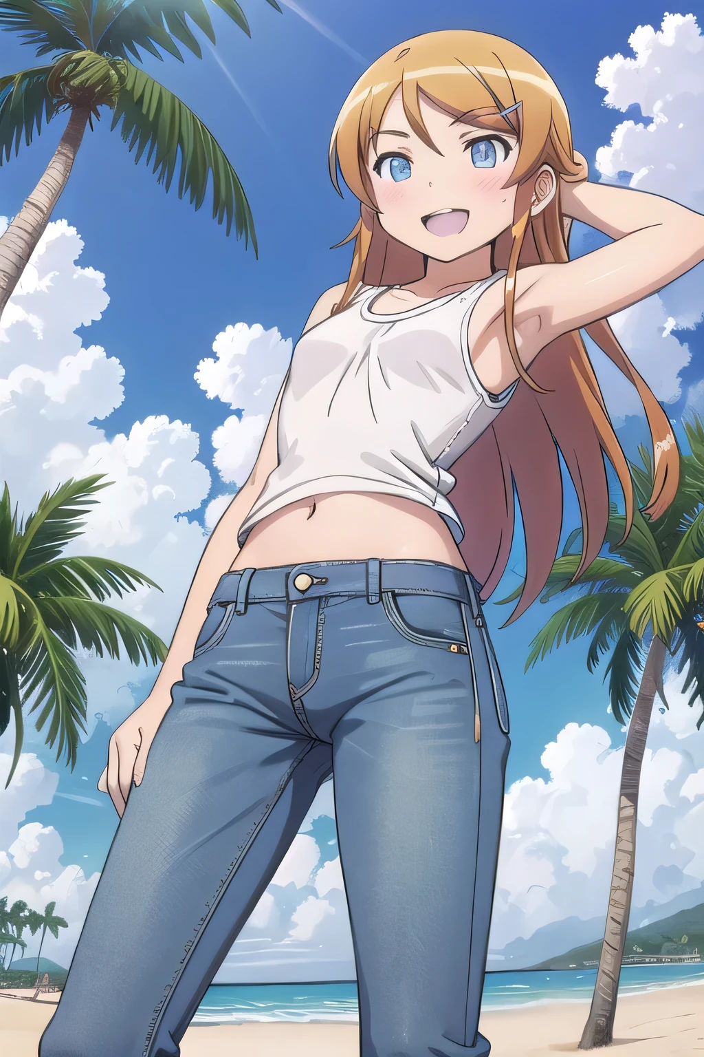 masterpiece,best quality,ultra detail, ((Perfect Face, Perfect Arms, Perfect hands, Perfect Fingers)), 1girl, 14yo, petite, ((round face, ecstasy, orgasm face, drooping eyes, shame smiling, blush)), dropping eyes, sleepy, background((under the beach, (day:1.2), palm tree, bright sky)), Kousaka Kirino, long hair, blue eyes, hair ornament, hairclip, orange hair, aqua eyes, arms behind head, contrapposto, spread armpits, ((invisible hands, invisible fingers)), looking at viewer,, (white tank top:1.2), (white crop top:1.2), (jeans pants:1.2, flares jeans:1.2, skinny jeans:1.2, blue jeans:1.2), standing, (legs spread:1.2), sex pose, Sweaty crotch, Steam from the crotch, from below, full medium body