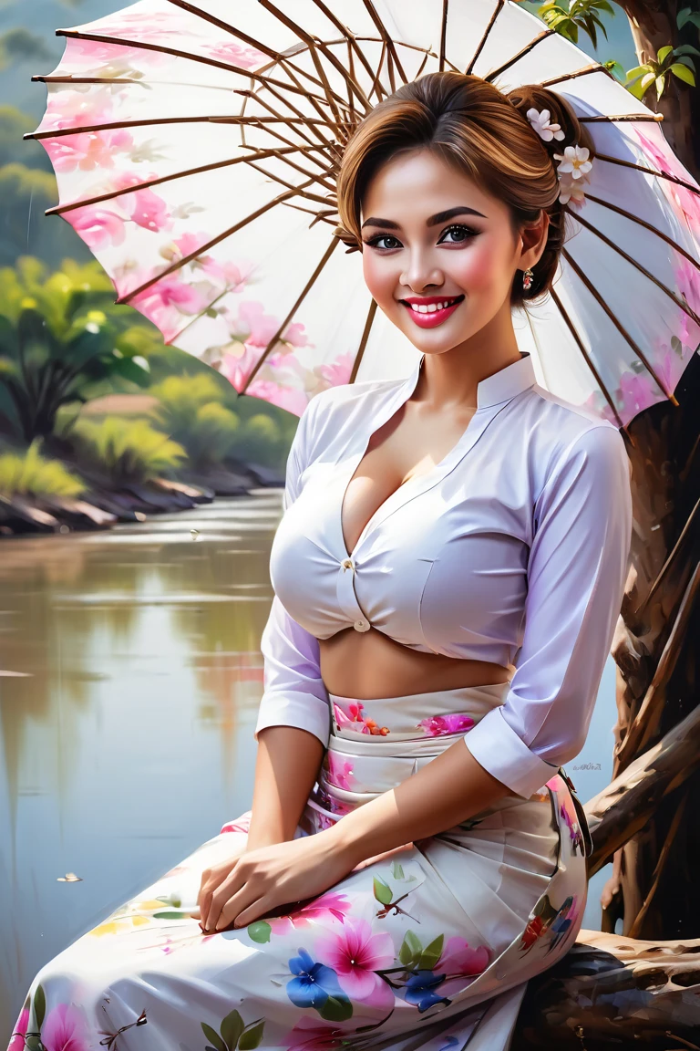 Create a contemporary portrait of a beautiful, Young and energetic, Charming model, Large
Breasts, Clive Arch, (Exquisite eyes, Delicate lips,
extremely Exquisite eyes), Show a bright smile, airbrush
oil a beautiful woman with her light brown
hair up in a fussy bun she is wearing a white Myanmar traditional blouse and floral Myanmar long skirt and holding the Pathein umbrella and btown boots sitting on a low hanging twisted tree
branch
with white pink light blue and lavendar flowers river
flowing in
the background. Dynamic
brushstrokes and a focus on capturina the depth. The
painting style is expressive a
nd dynamic, showcasing bold brush strokes and a rich
color palette