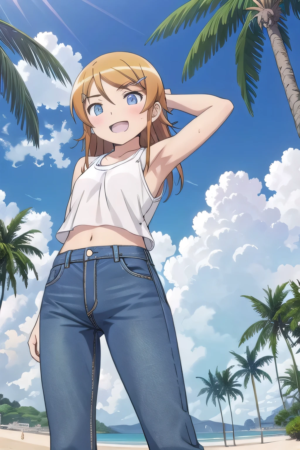 masterpiece,best quality,ultra detail, ((Perfect Face, Perfect Arms, Perfect hands, Perfect Fingers)), 1girl, 14yo, petite, ((round face, ecstasy, orgasm face, drooping eyes, shame smiling, blush)), dropping eyes, sleepy, background((under the beach, (day:1.2), palm tree, bright sky)), Kousaka Kirino, long hair, blue eyes, hair ornament, hairclip, orange hair, aqua eyes, arms behind head, contrapposto, spread armpits, ((invisible hands, invisible fingers)), looking at viewer,, (white tank top:1.2), (white crop top:1.2), (jeans pants:1.2, flares jeans:1.2, skinny jeans:1.2, blue jeans:1.2), standing, (legs spread:1.2), sex pose, Sweaty crotch, Steam from the crotch, from below, full medium body