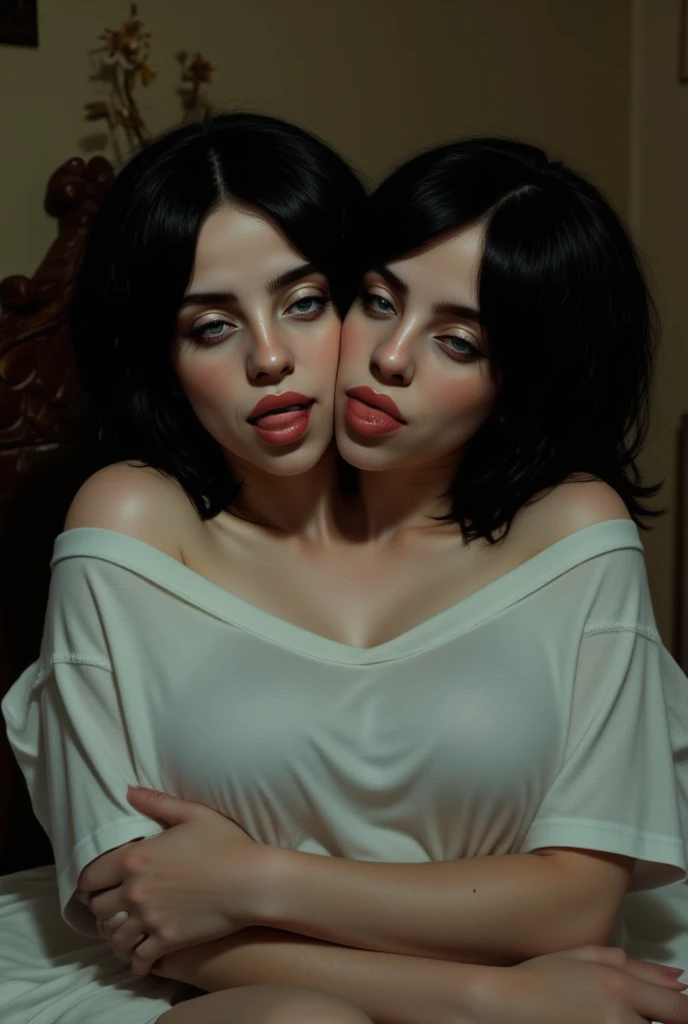 Two-headed b1ll13, light makeup, black hair woman, light makeup, ((mouths open)), droopy lips, long hair, large loose-fitting t-shirt, bedroom, ((beautiful conjoined twins)), (cleavage), ((kissing herself on the cheek)), ((dark eye shadow)), (huge breasts), ((sleepy eyes))