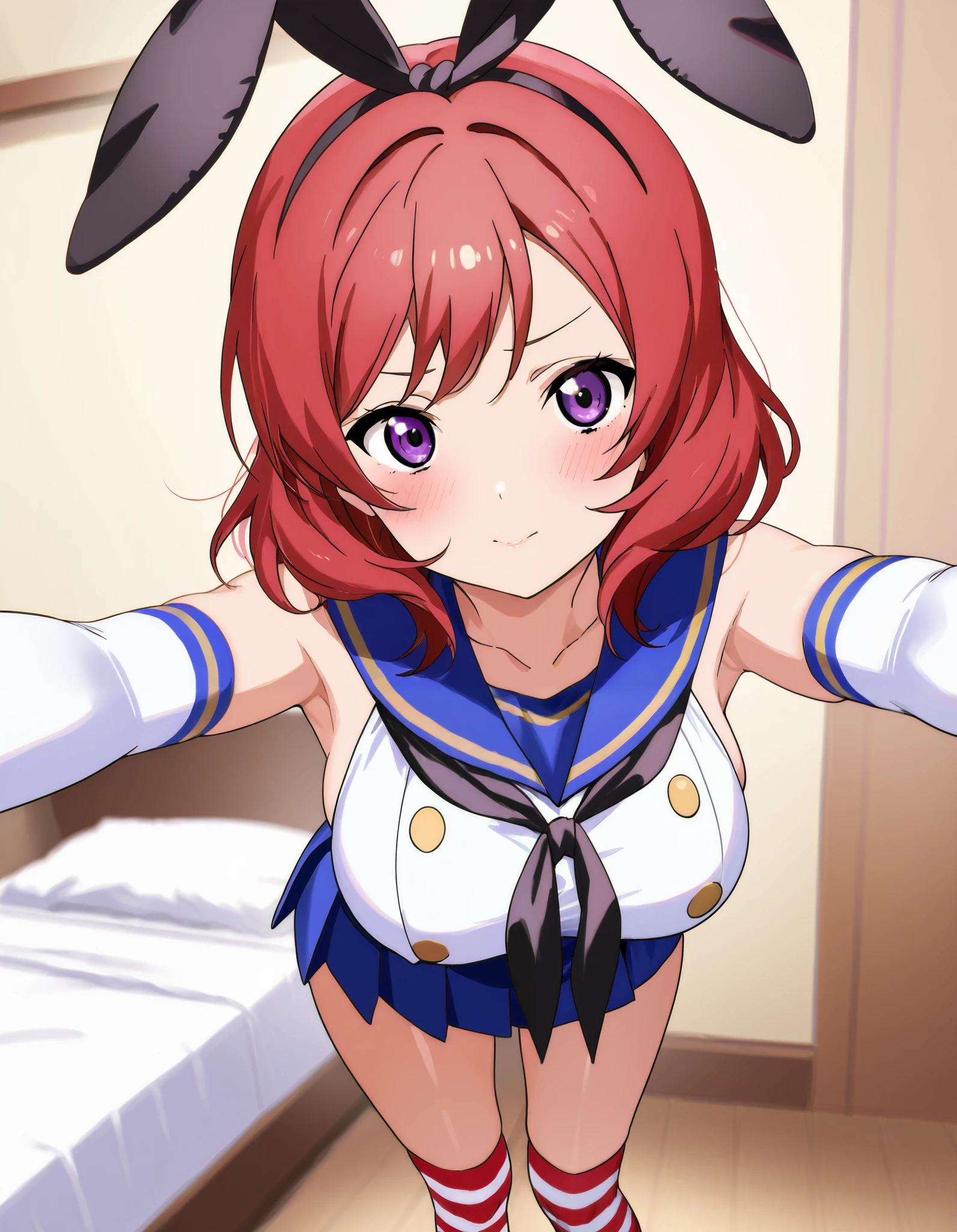  top quality,Shimakaze Cosplay、 black neckerchief、Blue mini skirt、red and white striped knee socks、Black panties、 blue sailor color、white elbow gloves、black rabbit ears 、Maki Nishikino、 redhead、 short hair 、 purple eyes、Big Breasts、 happy、White bedroom、blush、 is standing