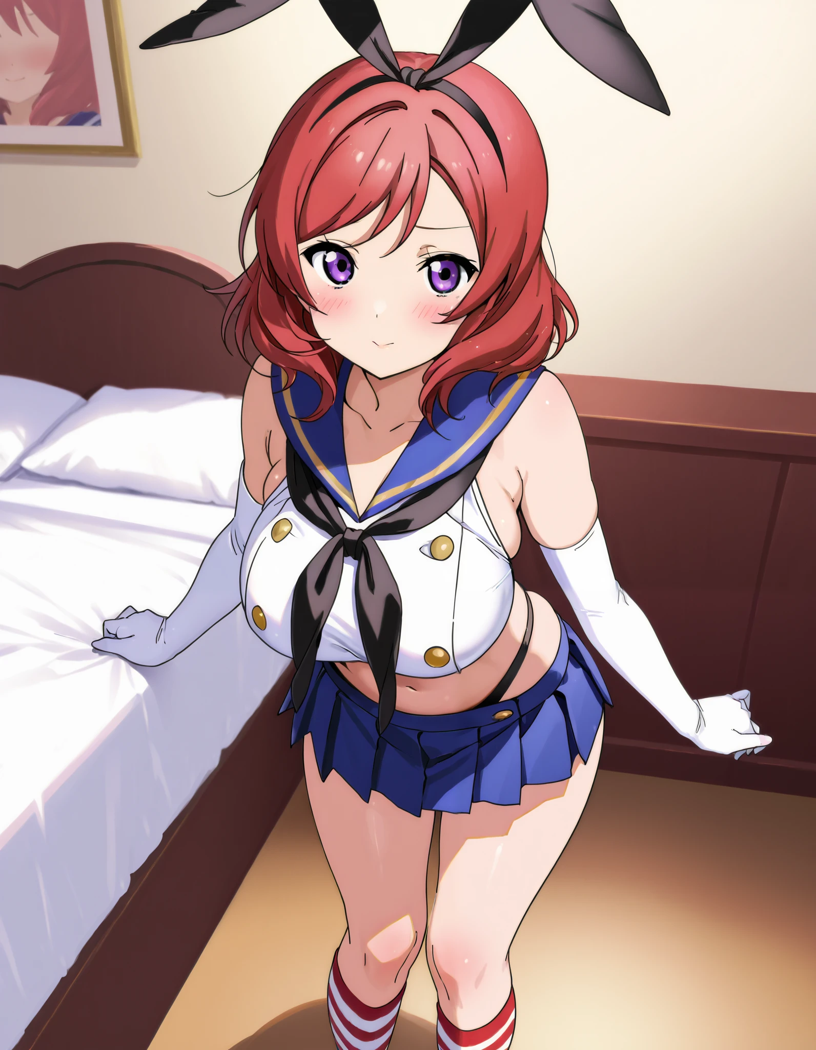  top quality,Shimakaze Cosplay、 black neckerchief、Blue mini skirt、red and white striped knee socks、Black panties、 blue sailor color、white elbow gloves、black rabbit ears 、Maki Nishikino、 redhead、 short hair 、 purple eyes、Big Breasts、 happy、White bedroom、blush、 is standing