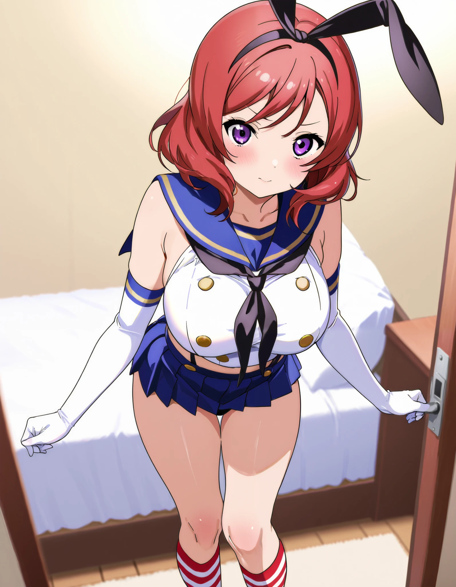  top quality,Shimakaze Cosplay、 black neckerchief、Blue mini skirt、red and white striped knee socks、Black panties、 blue sailor color、white elbow gloves、black rabbit ears 、Maki Nishikino、 redhead、 short hair 、 purple eyes、Big Breasts、 happy、White bedroom、blush、 is standing