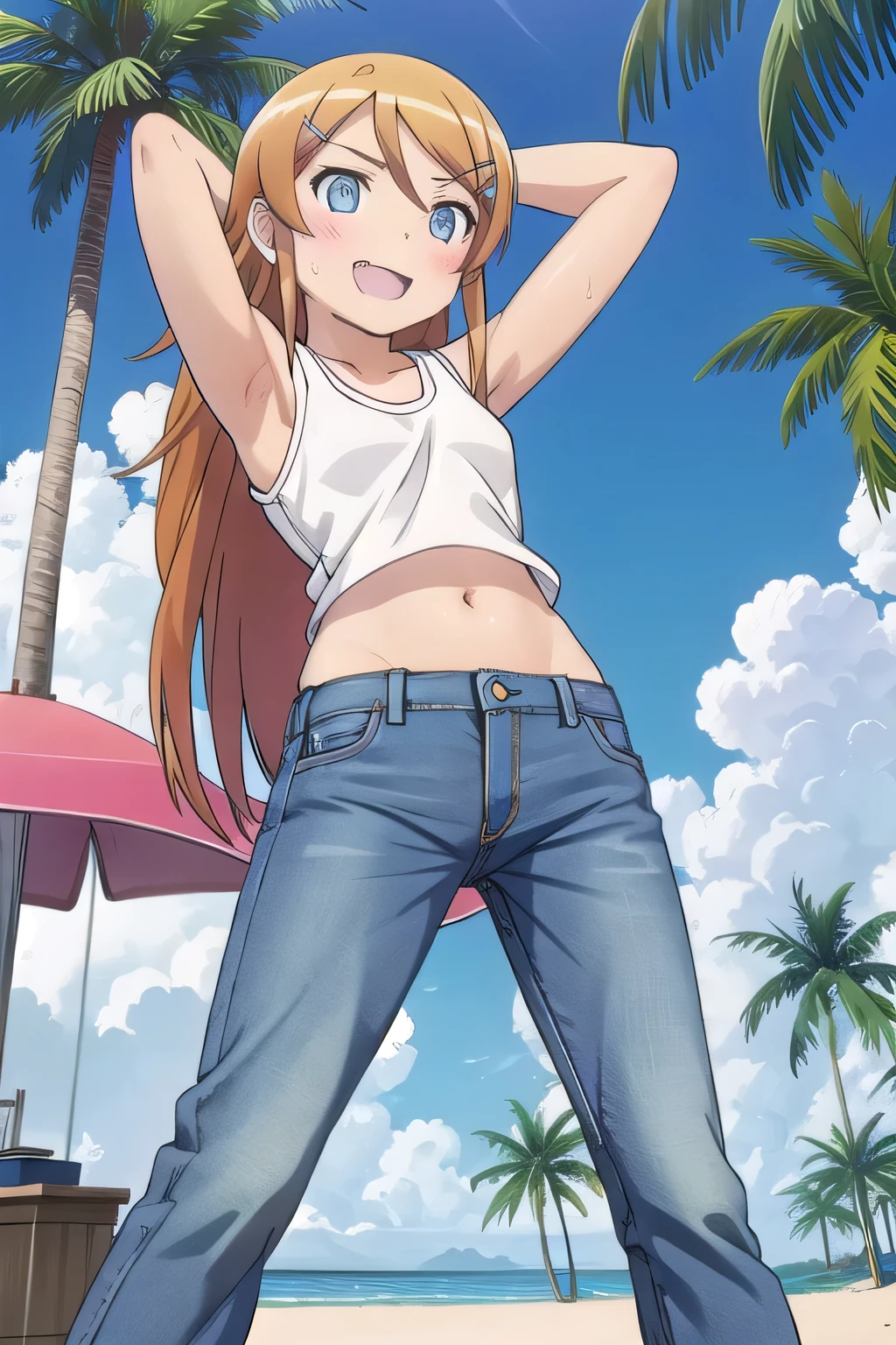 masterpiece,best quality,ultra detail, ((Perfect Face, Perfect Arms, Perfect hands, Perfect Fingers)), 1girl, 14yo, petite, ((round face, ecstasy, orgasm face, drooping eyes, shame smiling, blush)), dropping eyes, sleepy, background((under the beach, (day:1.2), palm tree, bright sky)), Kousaka Kirino, short hair, blue eyes, hair ornament, hairclip, orange hair, aqua eyes, arms behind head, contrapposto, spread armpits, ((invisible hands, invisible fingers)), looking at viewer,, (white tank top:1.2), (white crop top:1.2), (jeans pants:1.2, flares jeans:1.2, skinny jeans:1.2, blue jeans:1.2), standing, (legs spread:1.2), sex pose, Sweaty crotch, Steam from the crotch, from below, full medium body