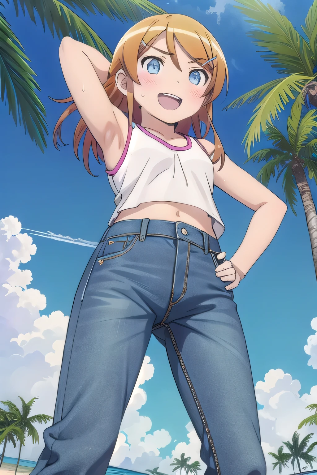 masterpiece,best quality,ultra detail, ((Perfect Face, Perfect Arms, Perfect hands, Perfect Fingers)), 1girl, 14yo, petite, ((round face, ecstasy, orgasm face, drooping eyes, shame smiling, blush)), dropping eyes, sleepy, background((under the beach, (day:1.2), palm tree, bright sky)), Kousaka Kirino, short hair, blue eyes, hair ornament, hairclip, orange hair, aqua eyes, arms behind head, contrapposto, spread armpits, ((invisible hands, invisible fingers)), looking at viewer,, (white tank top:1.2), (white crop top:1.2), (jeans pants:1.2, flares jeans:1.2, skinny jeans:1.2, blue jeans:1.2), standing, (legs spread:1.2), sex pose, Sweaty crotch, Steam from the crotch, from below, full medium body