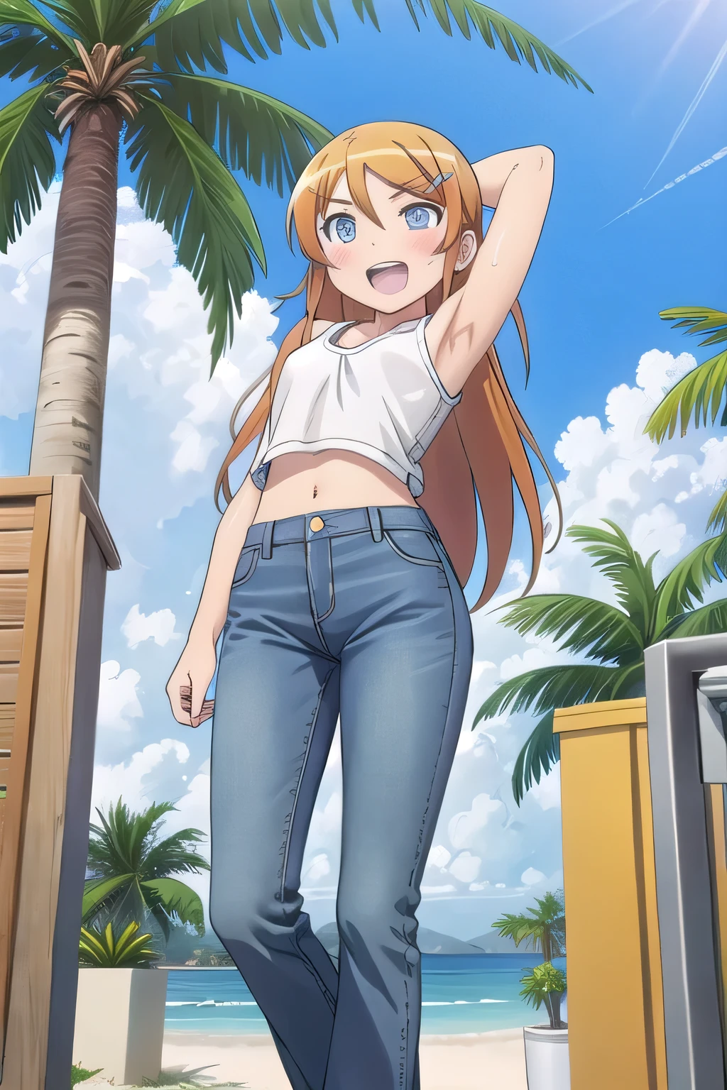 masterpiece,best quality,ultra detail, ((Perfect Face, Perfect Arms, Perfect hands, Perfect Fingers)), 1girl, 14yo, petite, ((round face, ecstasy, orgasm face, drooping eyes, shame smiling, blush)), dropping eyes, sleepy, background((under the beach, (day:1.2), palm tree, bright sky)), Kousaka Kirino, long hair, blue eyes, hair ornament, hairclip, orange hair, aqua eyes, arms behind head, contrapposto, spread armpits, ((invisible hands, invisible fingers)), looking at viewer,, (white tank top:1.2), (white crop top:1.2), (jeans pants:1.2, flares jeans:1.2, skinny jeans:1.2, blue jeans:1.2), standing, (legs spread:1.2), sex pose, Sweaty crotch, Steam from the crotch, from below, full medium body