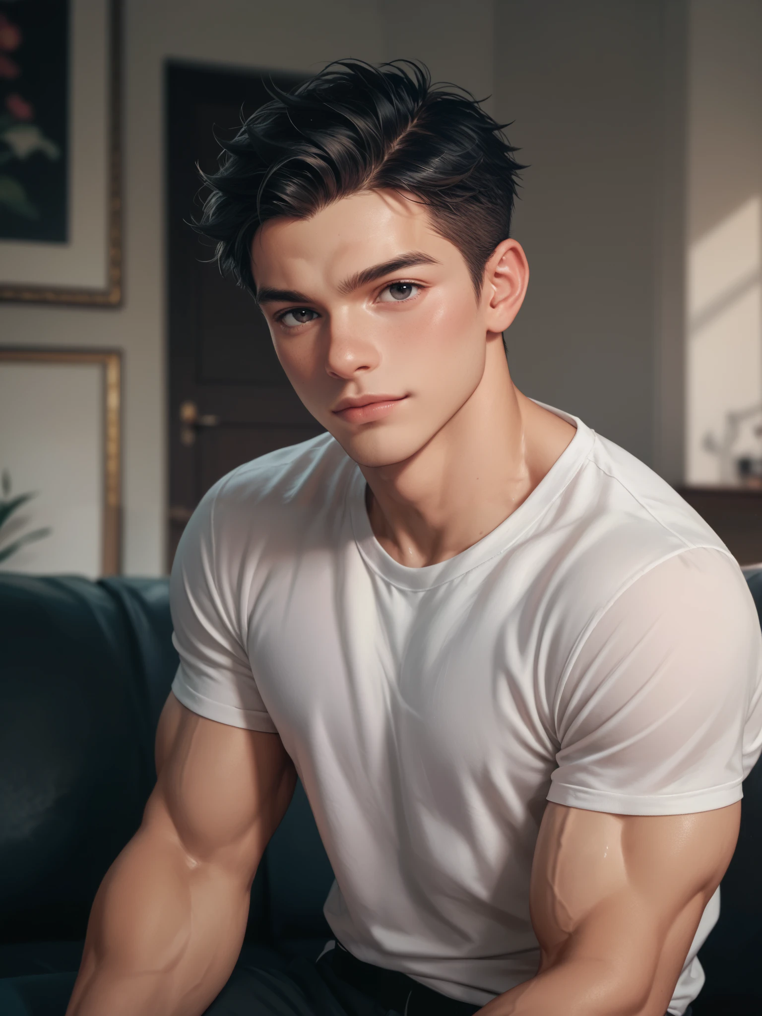young looking slightly muscular male  with long, thick, black hair, and gradient pink to black eyes with a white t shirt