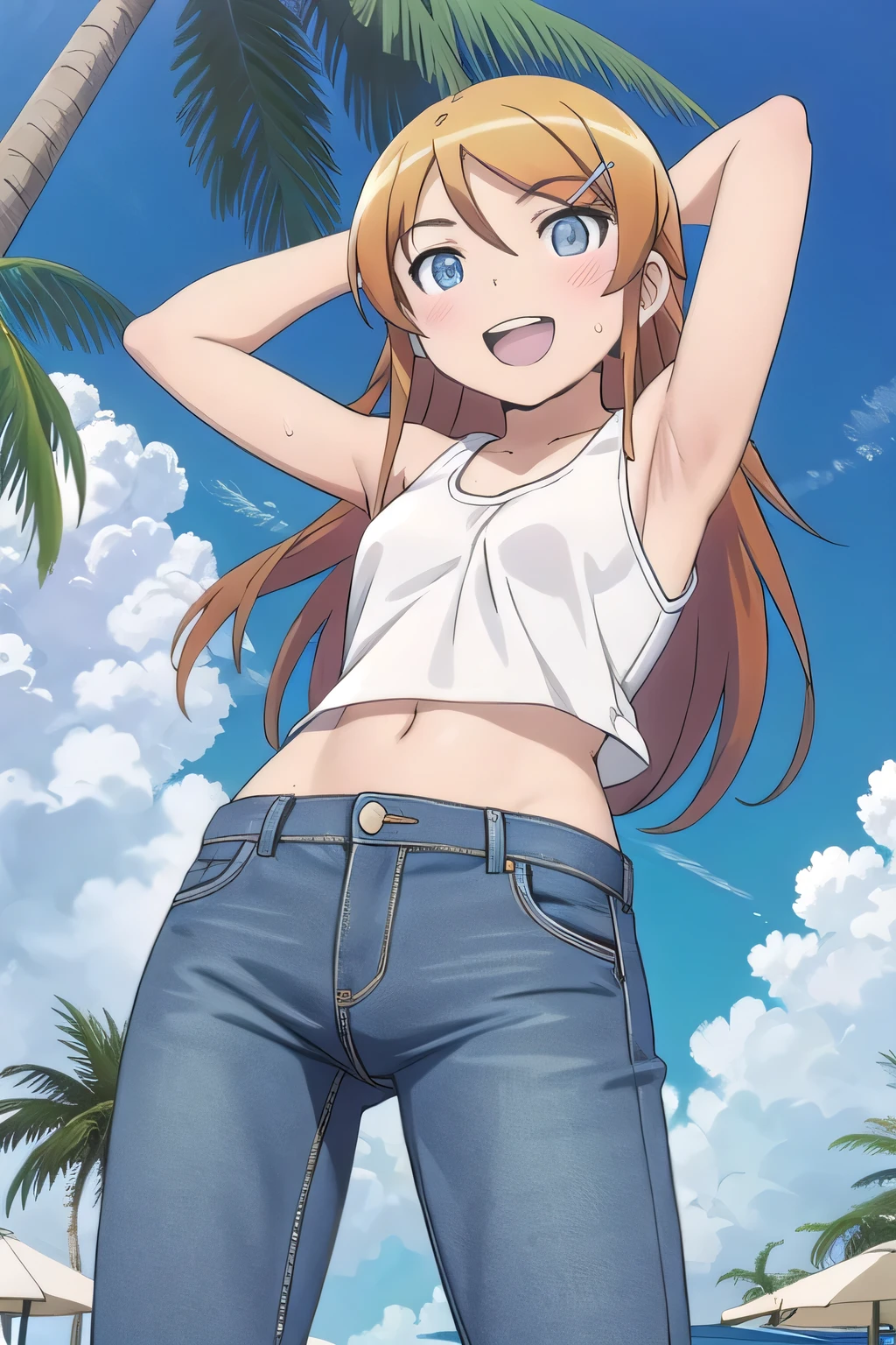 masterpiece,best quality,ultra detail, ((Perfect Face, Perfect Arms, Perfect hands, Perfect Fingers)), 1girl, 14yo, petite, ((round face, ecstasy, orgasm face, drooping eyes, shame smiling, blush)), dropping eyes, sleepy, background((under the beach, (day:1.2), palm tree, bright sky)), Kousaka Kirino, long hair, blue eyes, hair ornament, hairclip, orange hair, aqua eyes, arms behind head, contrapposto, spread armpits, ((invisible hands, invisible fingers)), looking at viewer,, (white tank top:1.2), (white crop top:1.2), (jeans pants:1.2, flares jeans:1.2, skinny jeans:1.2, blue jeans:1.2), standing, (legs spread:1.2), sex pose, Sweaty crotch, Steam from the crotch, from below, full medium body