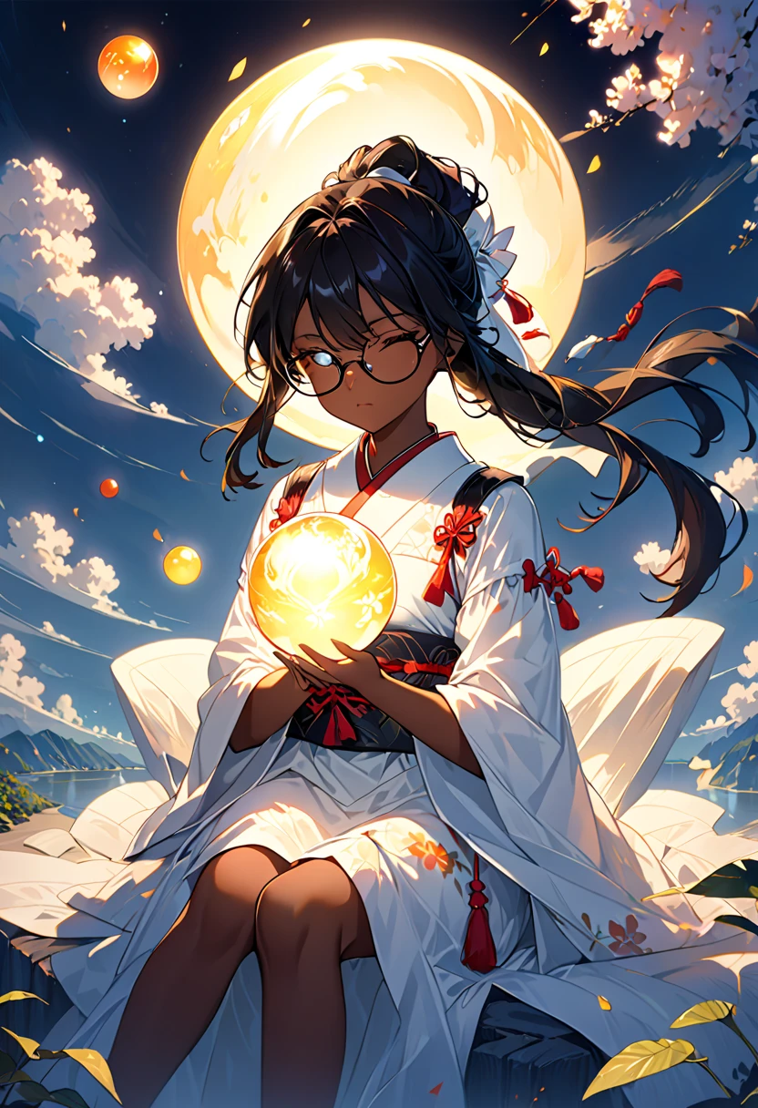 (( 1 girl)), Anime,  black hair, Dark Skin,  shiny eyeglass lenses , Mouth closed and expressionless,  sitting , 、She holds a glowing orb with both hands 、 and two other glowing spheres orbiting around her.