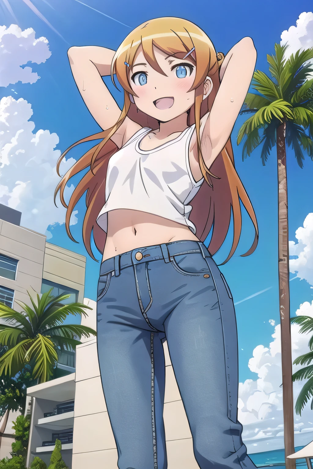 masterpiece,best quality,ultra detail, ((Perfect Face, Perfect Arms, Perfect hands, Perfect Fingers)), 1girl, , peti ((round face, ecstasy, orgasm face, drooping eyes, shame smiling, blush)), dropping eyes, sleepy, background((under the beach, (day:1.2), palm tree, bright sky)), Kousaka Kirino, long hair, blue eyes, hair ornament, hairclip, orange hair, aqua eyes, arms behind head, contrapposto, spread armpits, ((invisible hands, invisible fingers)), looking at viewer,, (white tank top:1.2), (white crop top:1.2), (jeans pants:1.2, flares jeans:1.2, skinny jeans:1.2, blue jeans:1.2), standing, (legs spread:1.2), sex pose, Sweaty crotch, Steam from the crotch, from below, full medium body