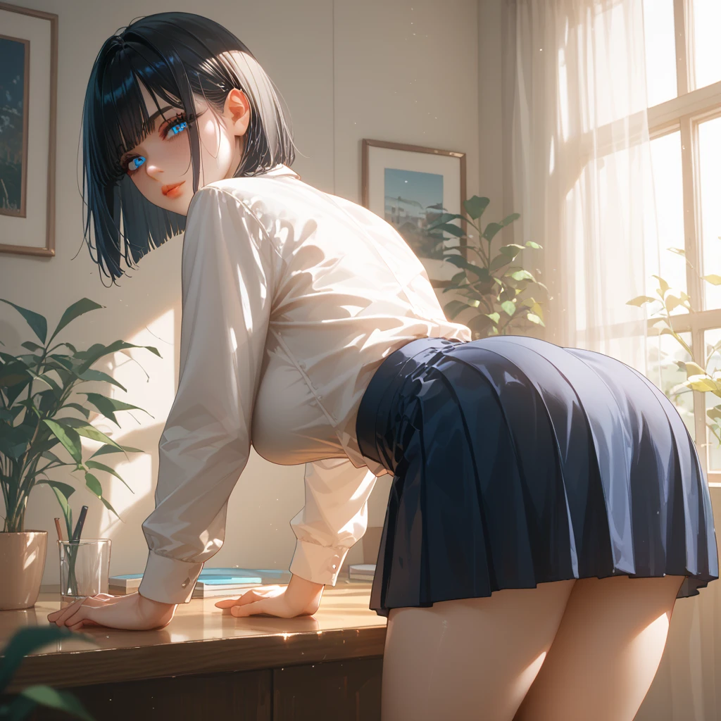 very cute and beautiful girl,(Very detailed美しい顔), (smile),blush,Black Hair,Seraphim,(Pleated navy blue mini skirt),Are standing,(From below),(Lacy white panties), Wooden classroom,window,Distant Tree々and the city, (Highest quality,masterpiece:1.0),Absurd,High resolution,Super detailed,Very detailed,32k,8K resolution, Intricate details,Movie Scenes,Detailed Background,alone,Dynamic Angle,