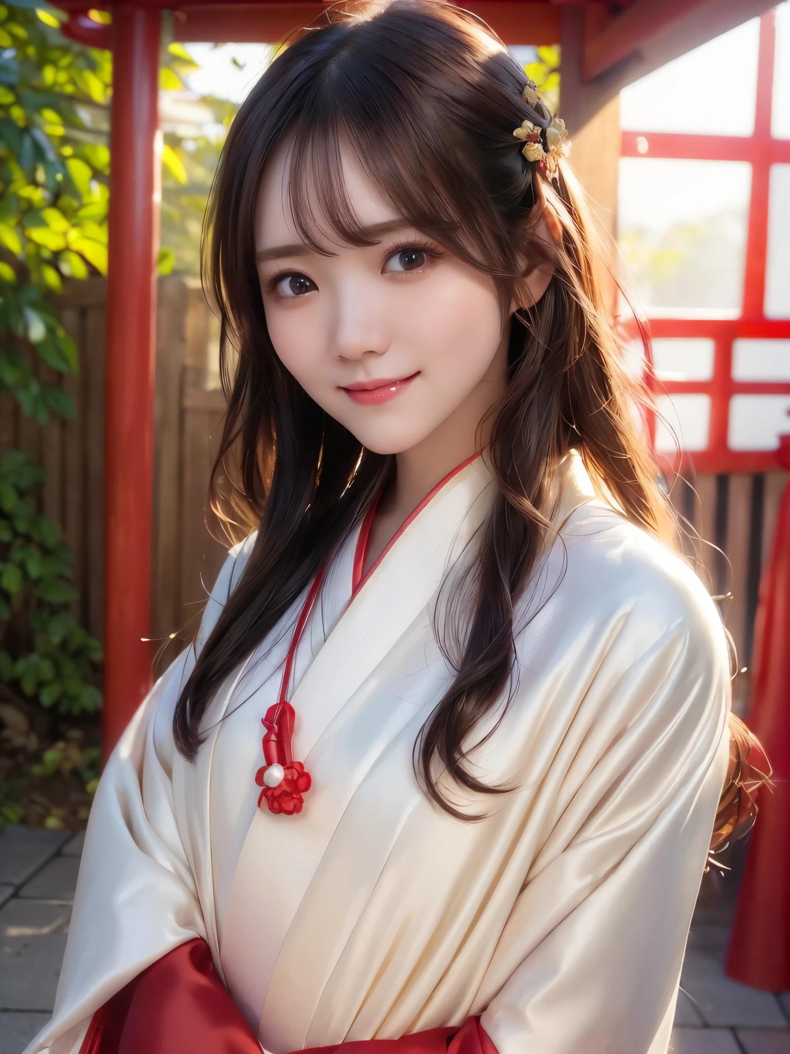 ( face close-up:1.3)、 top quality、 ultra high definition、(Photographically: 1.4)、 beautiful eyes、 very beautiful、 shiny hair 、Mature and elegant、(smile、smile:1.1)、(kawaii miko girl, wearing japanese white clothes,red hakama, in a Japanese shrine, 45 angle by krenz cushart and Mucha, golden hour lighting, strong rim light, intense shadows)