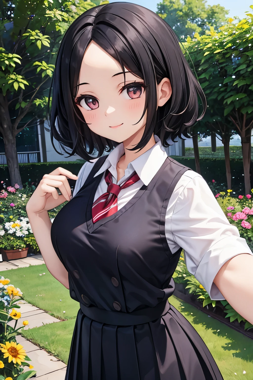 (masterpiece, best quality, glowing light, ultra detailed, detailed background, complex background), (perfect face, detailed face), (mature female, milf:1.4), full-face blush, thighs, parted lips, smile, thick thighs, half-closed eyes, marnie, 1girl, asymmetrical bangs, solo, twintails, looking at viewer, ribbon, hair ribbon, choker, jewelry, red ribbon, earrings, black choker, dress, jacket, black jacket, pink dress, medium hair, long sleeves, open clothes, open jacket, green eyes (outdoors, garden, thighs, arms behind back)
