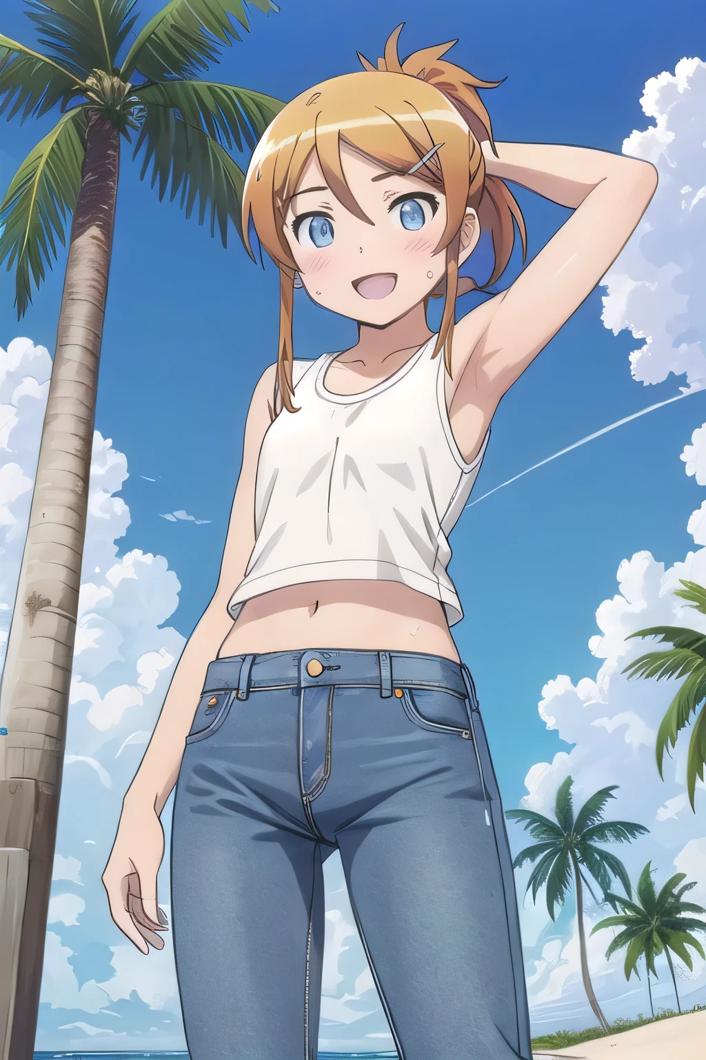 masterpiece,best quality,ultra detail, ((Perfect Face, Perfect Arms, Perfect hands, Perfect Fingers)), 1girl, 14yo, petite, ((round face, ecstasy, orgasm face, drooping eyes, shame smiling, blush)), dropping eyes, sleepy, background((under the beach, (day:1.2), palm tree, bright sky)), Kousaka Kirino, long hair, (ponytail:1.2), blue eyes, hair ornament, hairclip, orange hair, aqua eyes, arms behind head, contrapposto, spread armpits, ((invisible hands, invisible fingers)), looking at viewer,, (white tank top:1.2), (white crop top:1.2), (jeans pants:1.2, flares jeans:1.2, skinny jeans:1.2, blue jeans:1.2), standing, (legs spread:1.2), sex pose, Sweaty crotch, Steam from the crotch, from below, full medium body