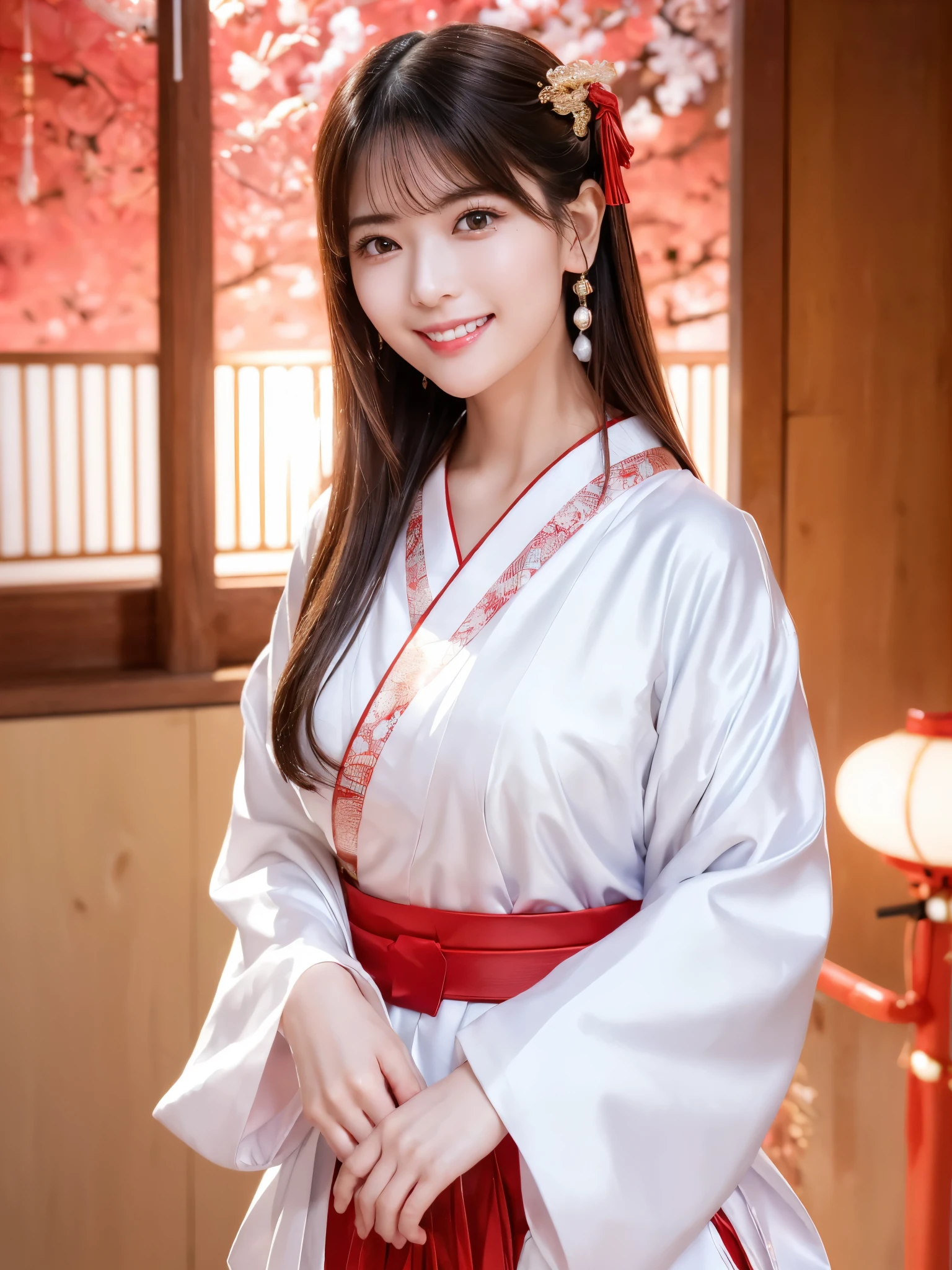 ( face close-up:1.2)、 top quality、 ultra high definition、(Photographically: 1.3)、 beautiful eyes、 very beautiful、 shiny hair 、Mature and elegant、(smile、smile:1.4)、(kawaii miko girl, wearing japanese white clothes,red hakama, in a Japanese shrine, 45 angle by krenz cushart and Mucha, golden hour lighting, strong rim light, intense shadows)