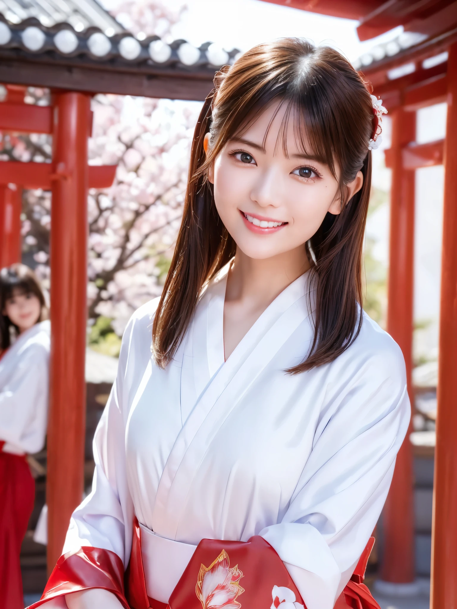 ( face close-up:1.2)、 top quality、 ultra high definition、(Photographically: 1.3)、 beautiful eyes、 very beautiful、 shiny hair 、Mature and elegant、(smile、smile:1.4)、(kawaii miko girl, wearing japanese white clothes,red hakama, in a Japanese shrine, 45 angle by krenz cushart and Mucha, golden hour lighting, strong rim light, intense shadows)